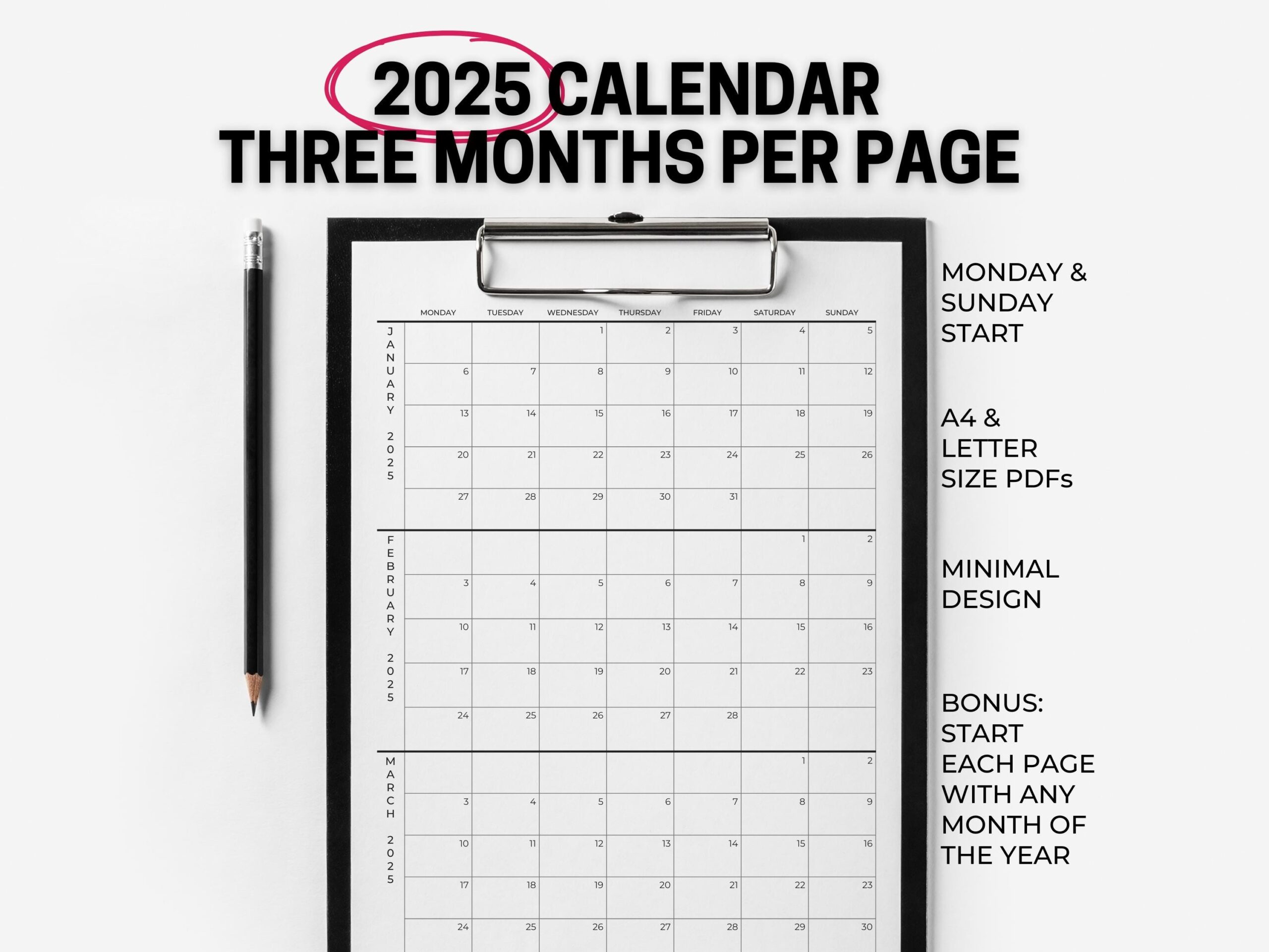 2025 Calendar 3 Months Per Page Minimalist Modern Calendar Printable PDF Instant Download Etsy
