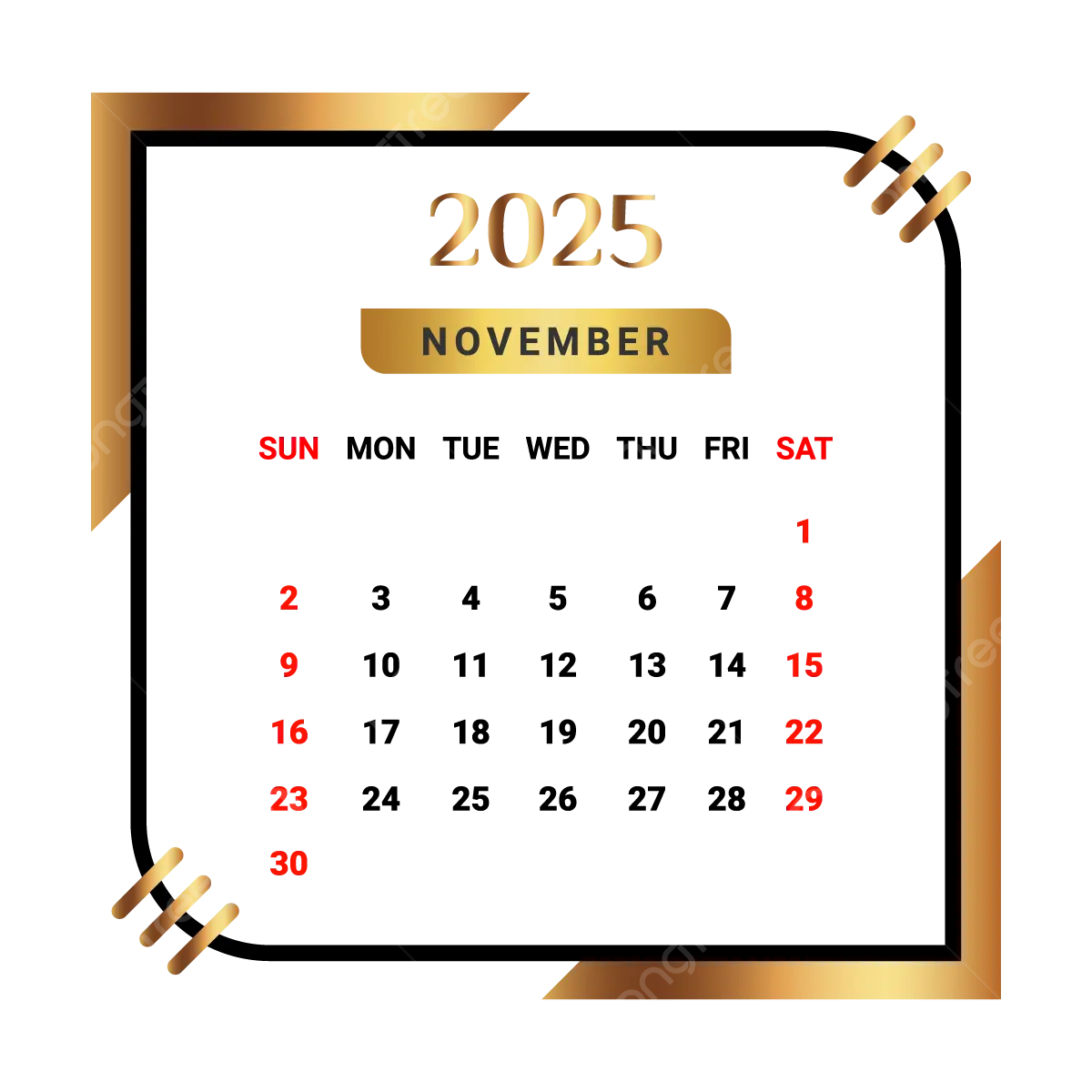 2025 November Month Calendar With Black And Golden Vector Monthly 