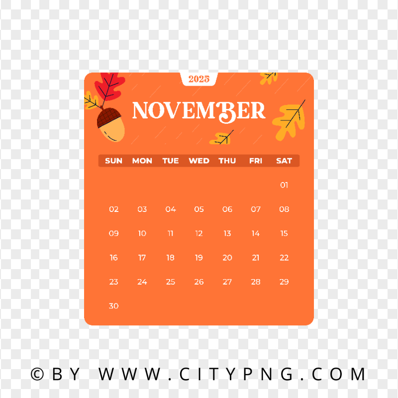2025 November Orange Vector Calendar Page Citypng