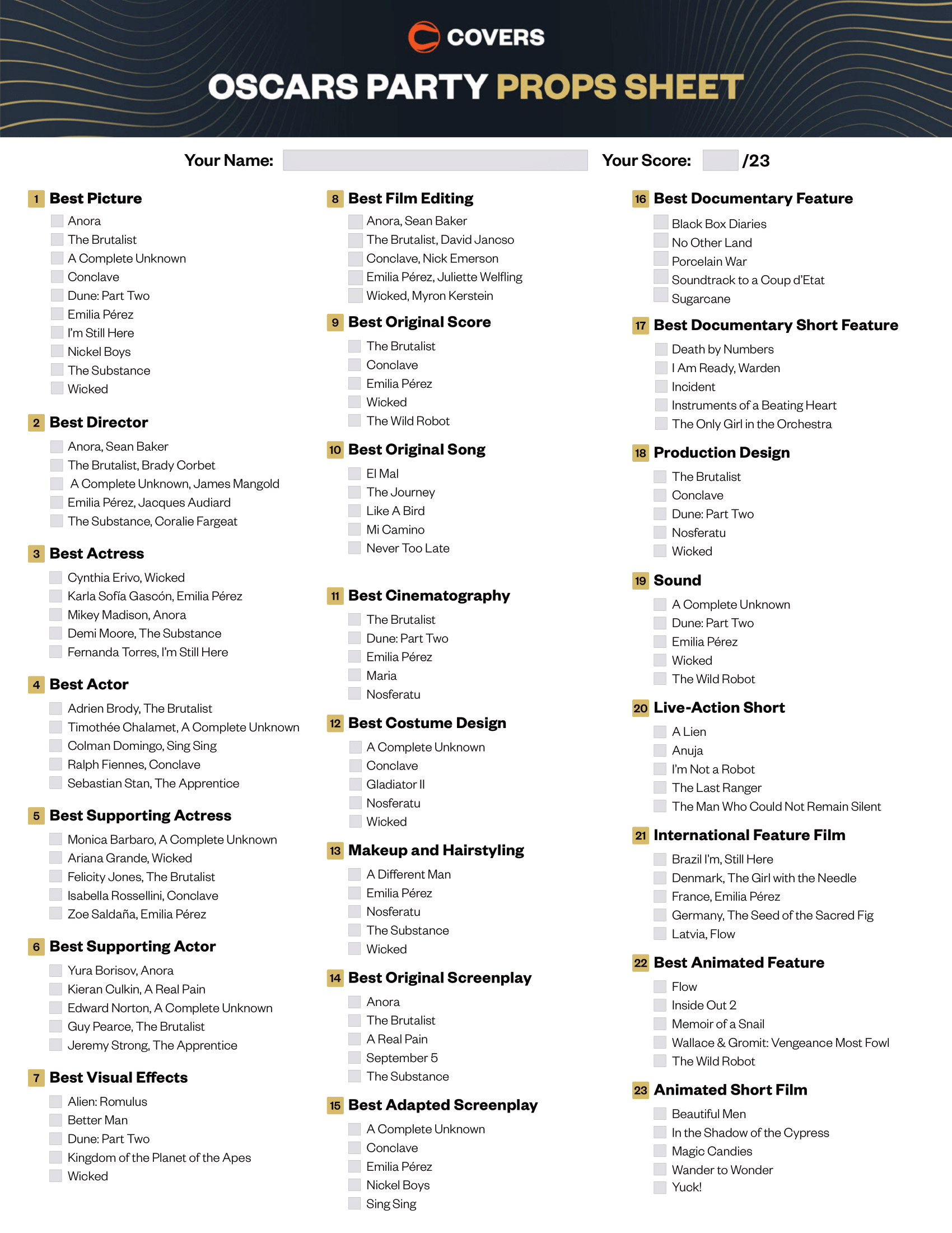 2025 OSCARS BALLOT FREE PRINTABLE SHEET FOR THE 97TH ACADEMY AWARDS TONIGHT