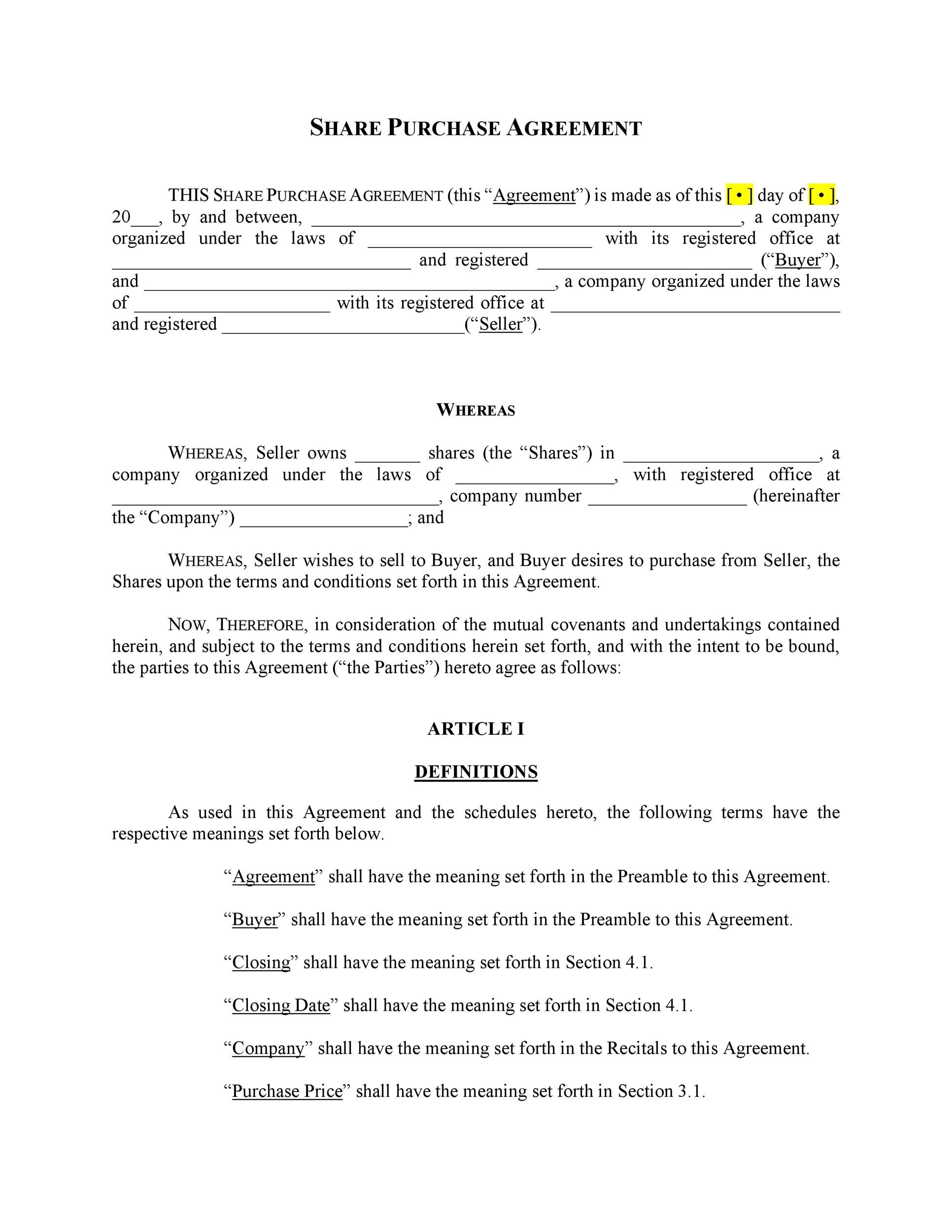 Free Printable Purchase Agreement Template