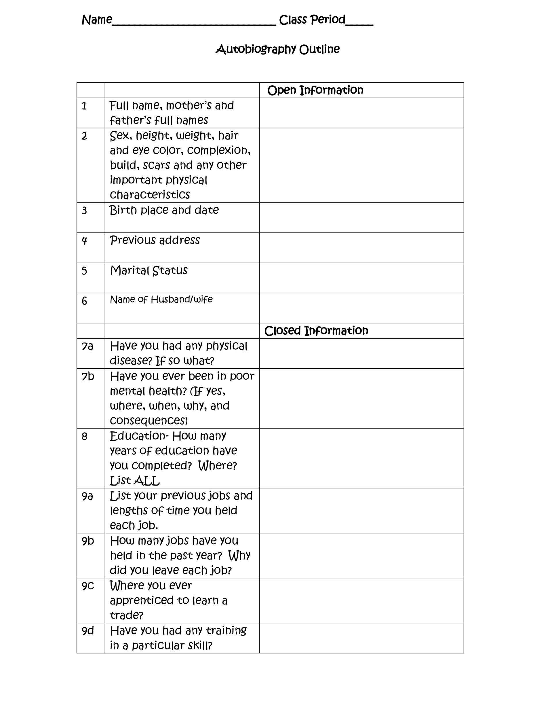 Free Printable Autobiography Template