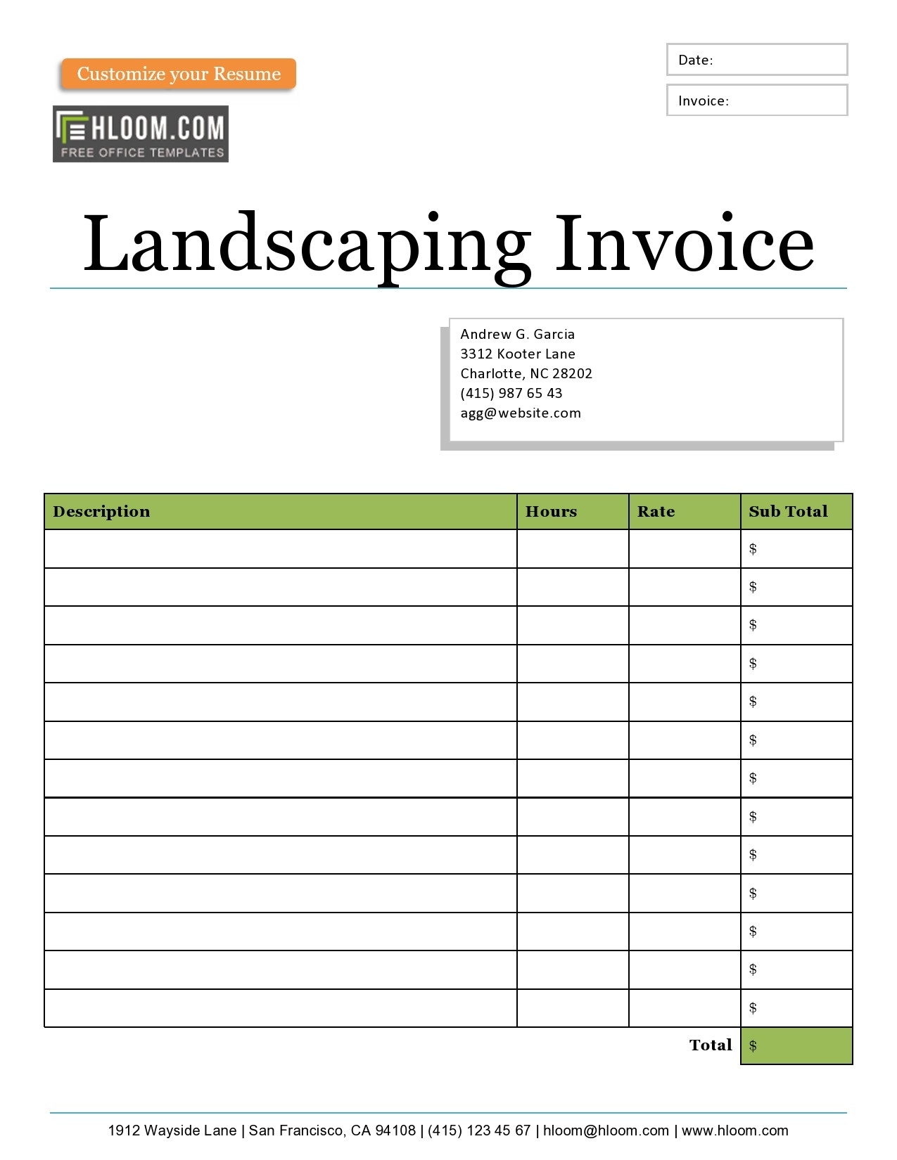 Blank Printable Lawn Care Invoice Template