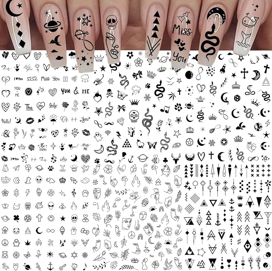 6 Sheets Self Adhesive Snake Heart Moon Star Nail Art Sticker Decals Abstract Lady Face Nail Stickers For Women DIY Manicure Decorations Geometric 