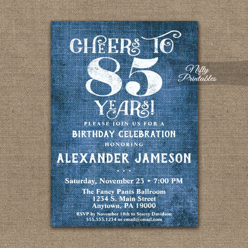 85th Birthday Invitations Blue Linen Rustic Cheers Nifty Printables