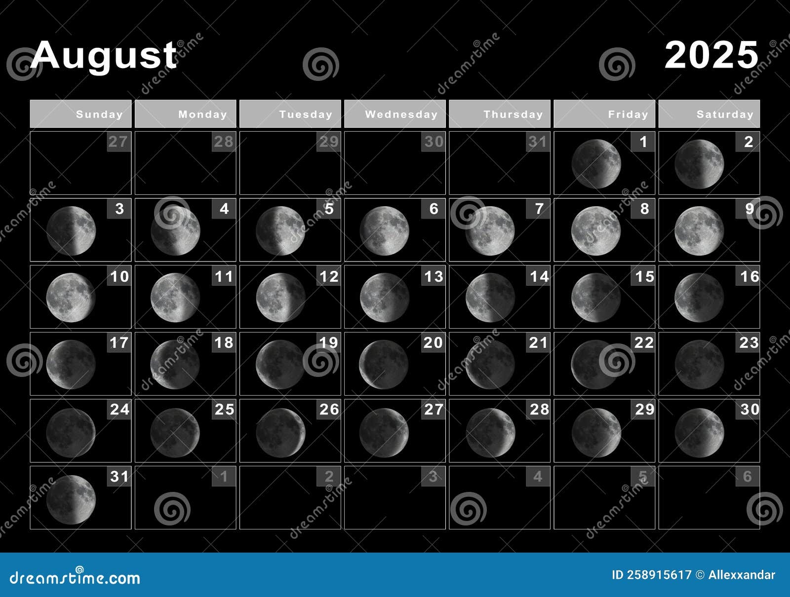 August 2025 Lunar Calendar Moon Cycles Stock Illustration