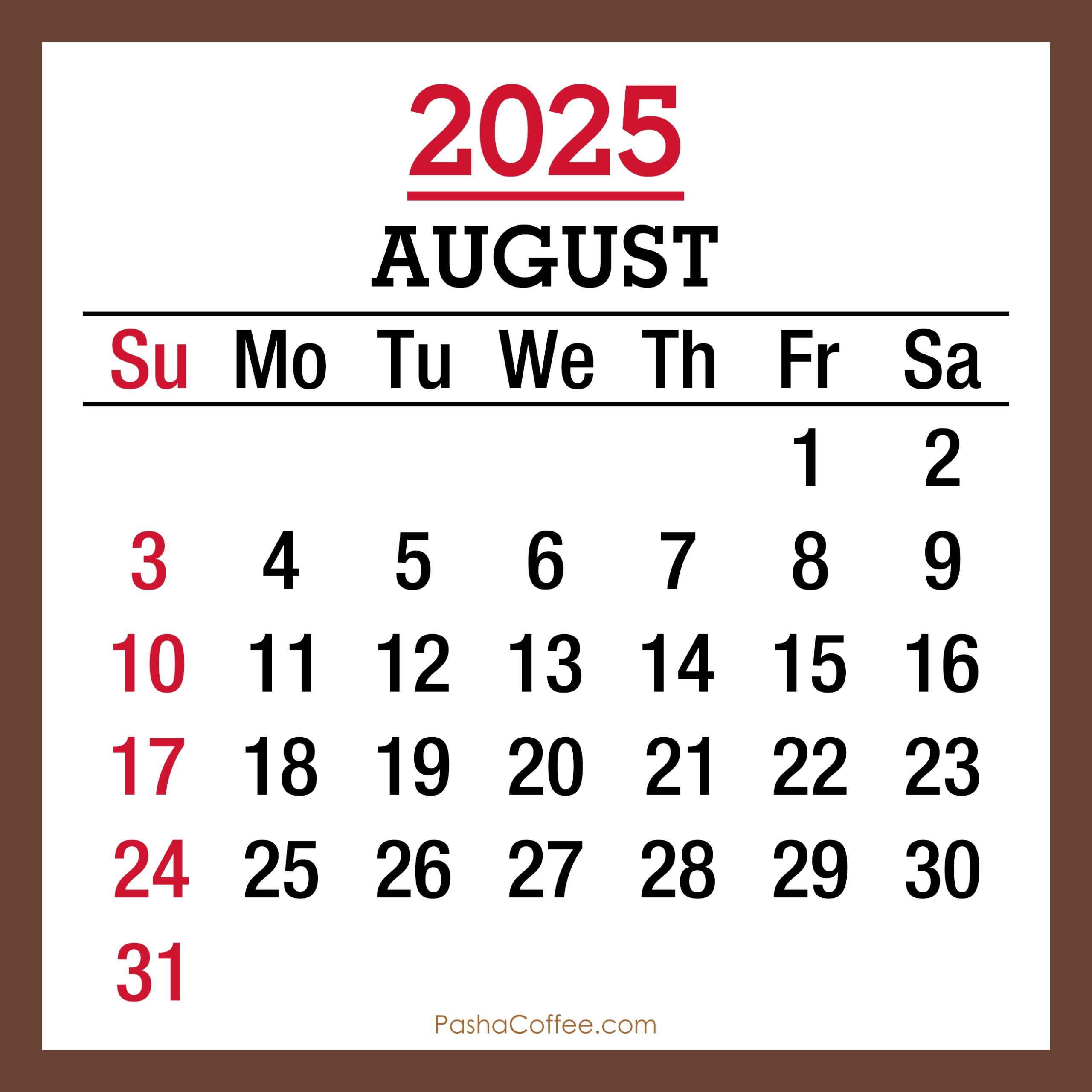 August 2025 Monthly Calendar With Holidays Printable Free Brown 
