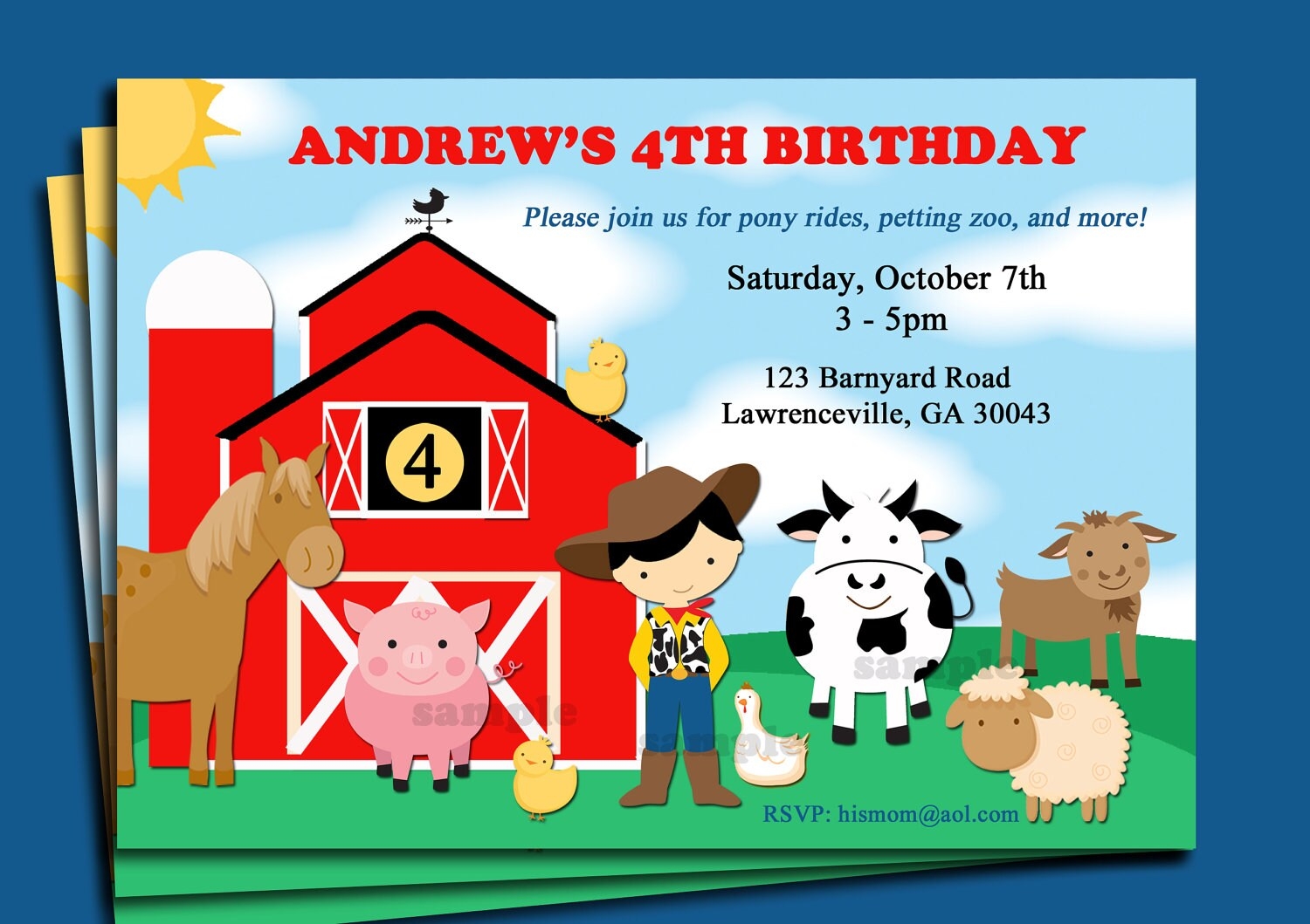 Barnyard Animal Farm Birthday Invitation Printable Or Printed With FREE SHIPPING Petting Zoo Cowboy You Pick Hair Color Skin Tone Etsy