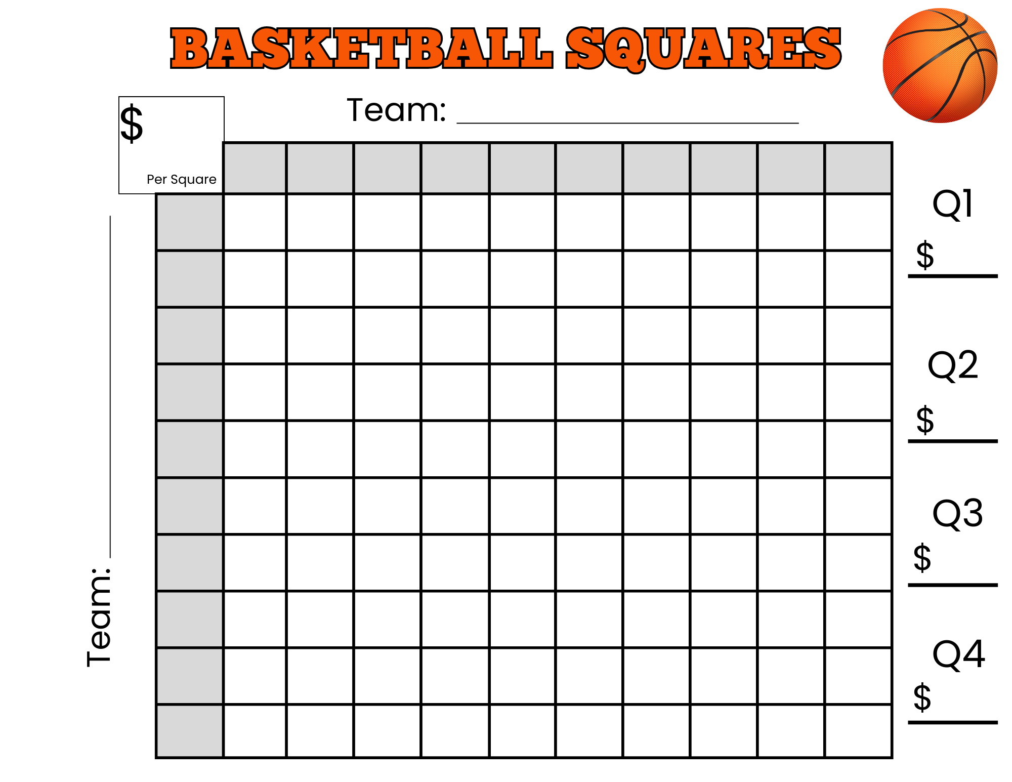 Basketball 100 Squares Game Printable