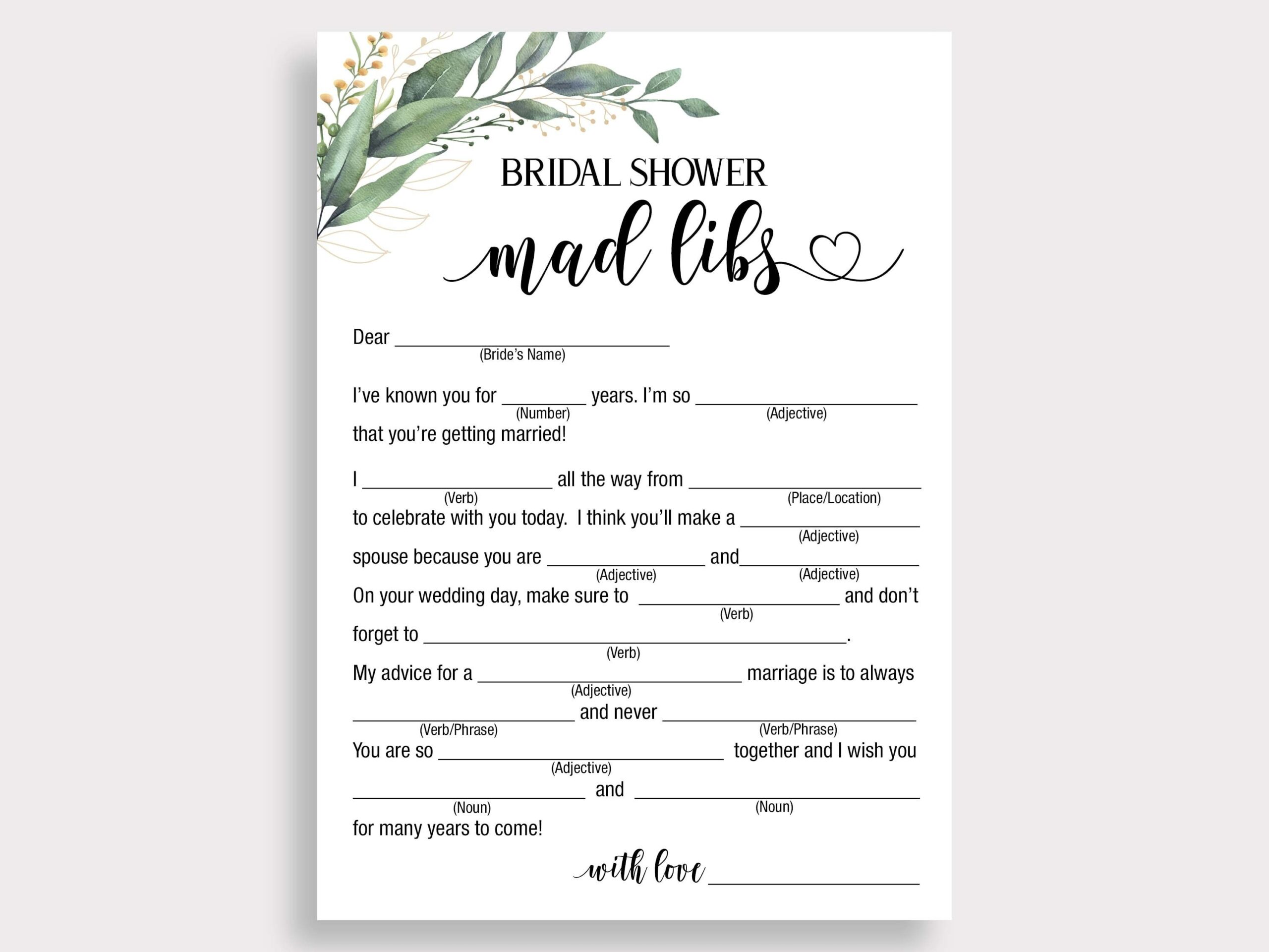Bridal Shower Mad Libs Bridal Mad Libs Mad Libs Bride Advice Green Leaf Wedding Shower Game Madlibs Bridal Shower Games Printable C18 Etsy UK