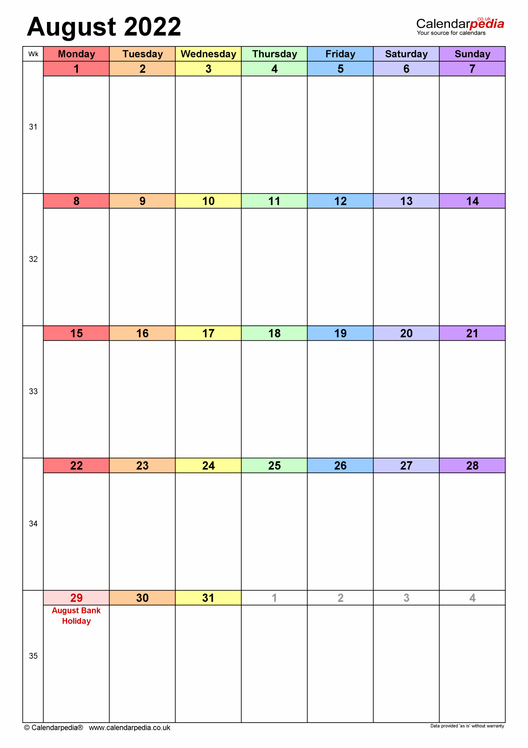 August Blank Calendar Printable