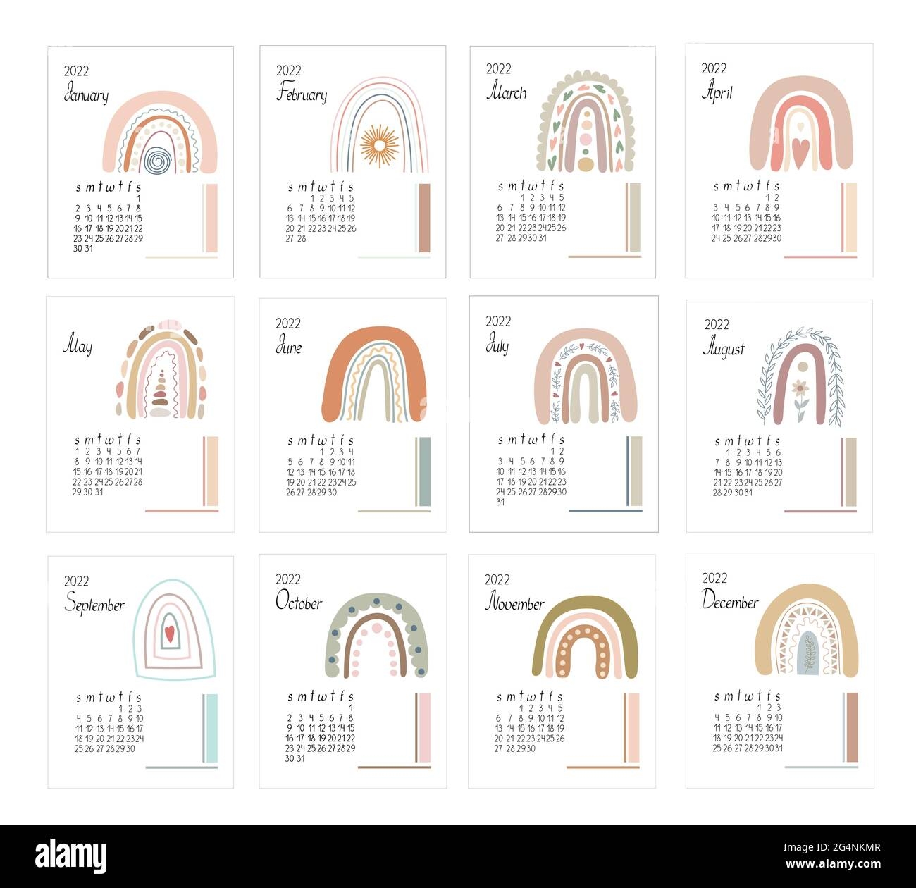Calendar Template Year 2022 Boho Rainbows Abstract Vector Illustration In Simple Minimalist Style Relax Meditation Baby Decor Concept Week Starts On Sunday Editable Printable Page Stock Vector Image U0026 Art Alamy