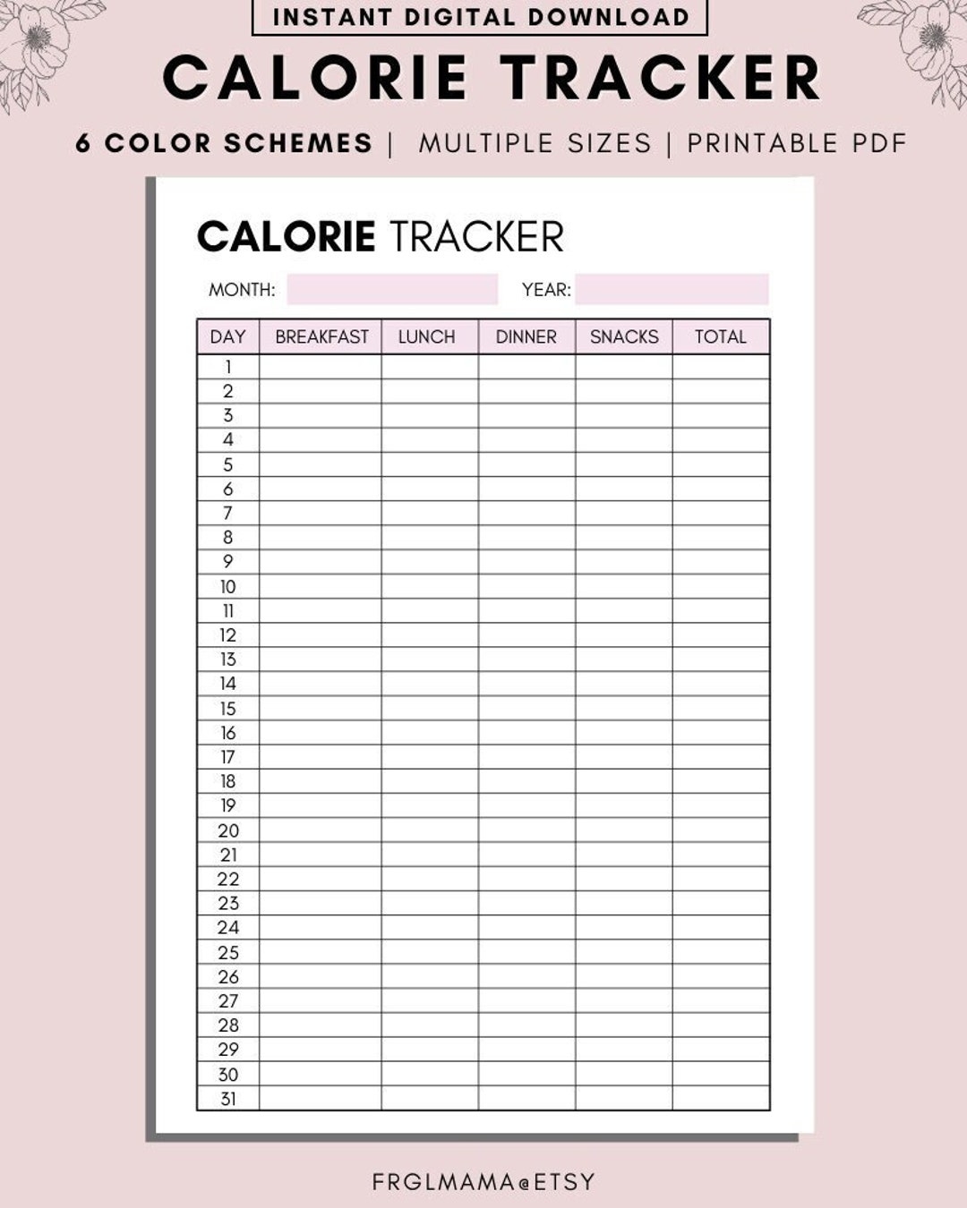 Calorie Tracker Monthly Calorie Tracker Printable Low Calorie Diet Tracker Calorie Journal Diet Diary Daily Food Journal A4 A5 PDF Etsy