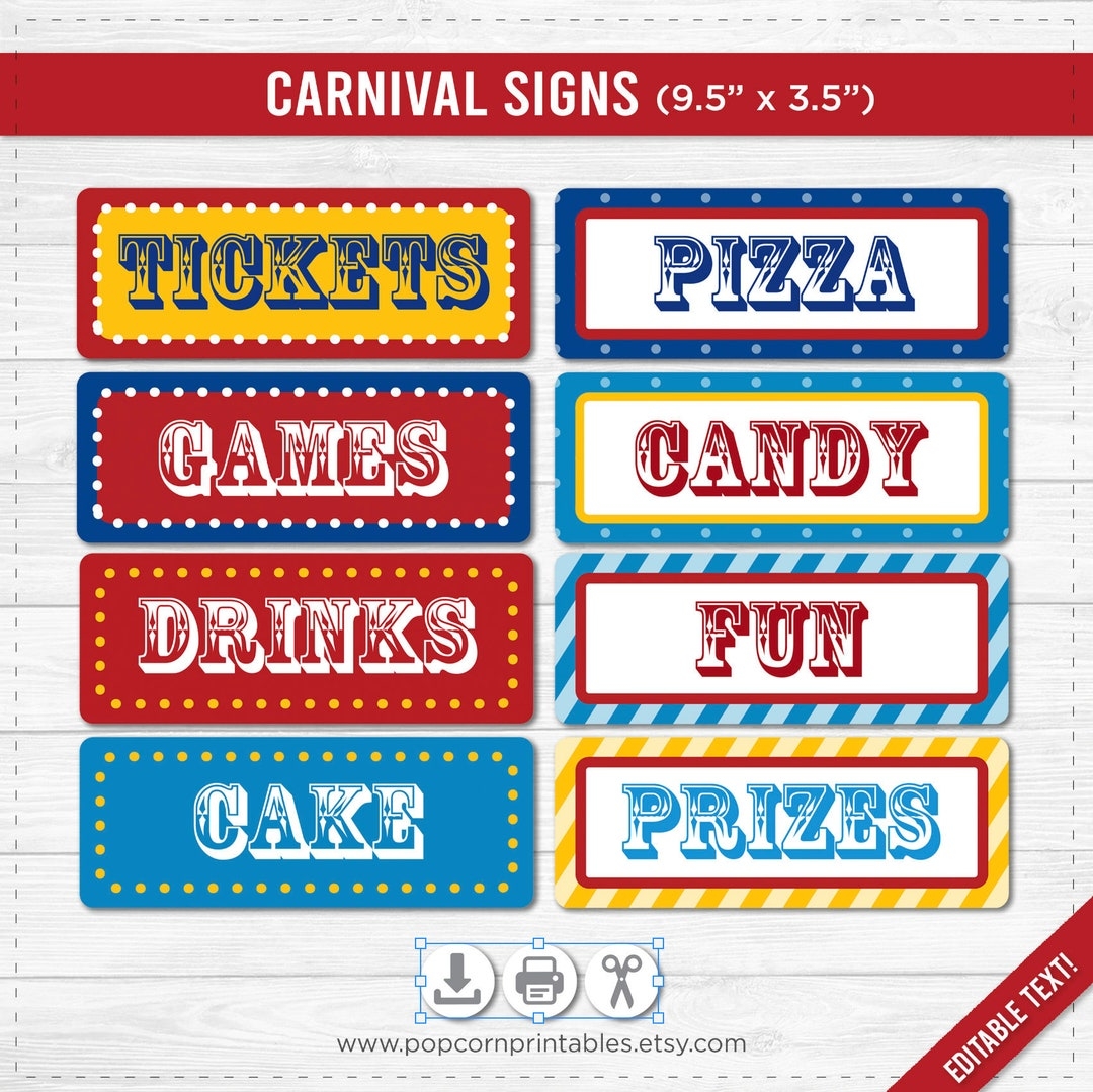 Carnival Party Signs Printable Editable Text PDF Instant Download Personalize At Home With Adobe Reader Red White U0026 Blue Dots Stripes Etsy