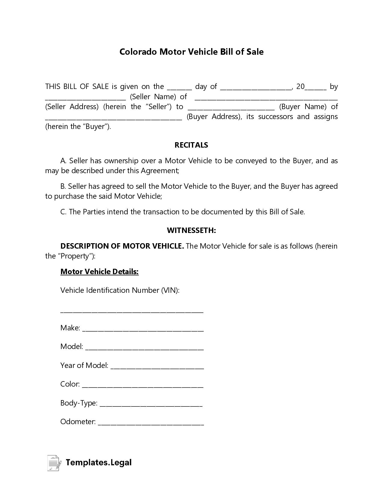 Colorado Bill Of Sale Templates Free Word PDF ODT 