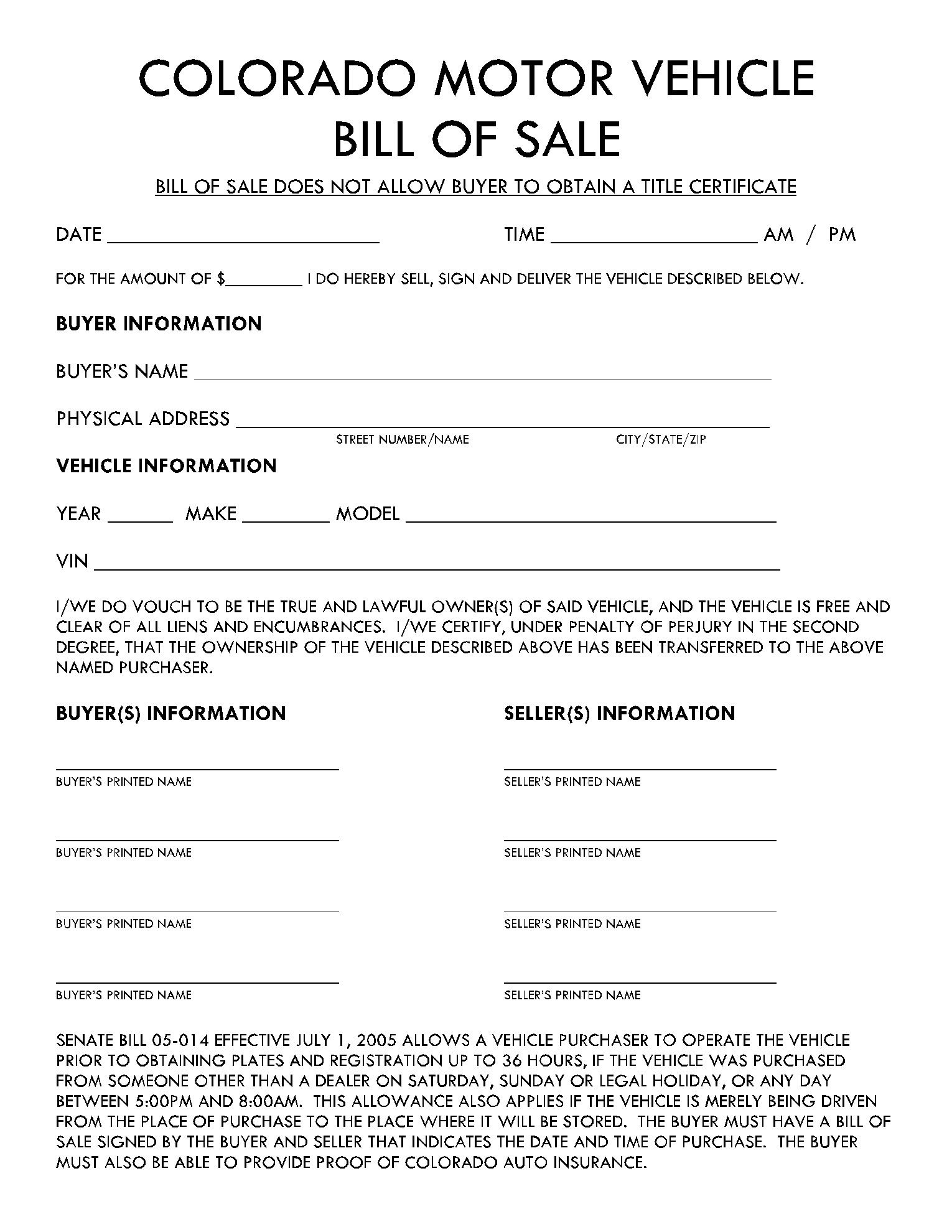 Printable Blank Car Title Template Colorado