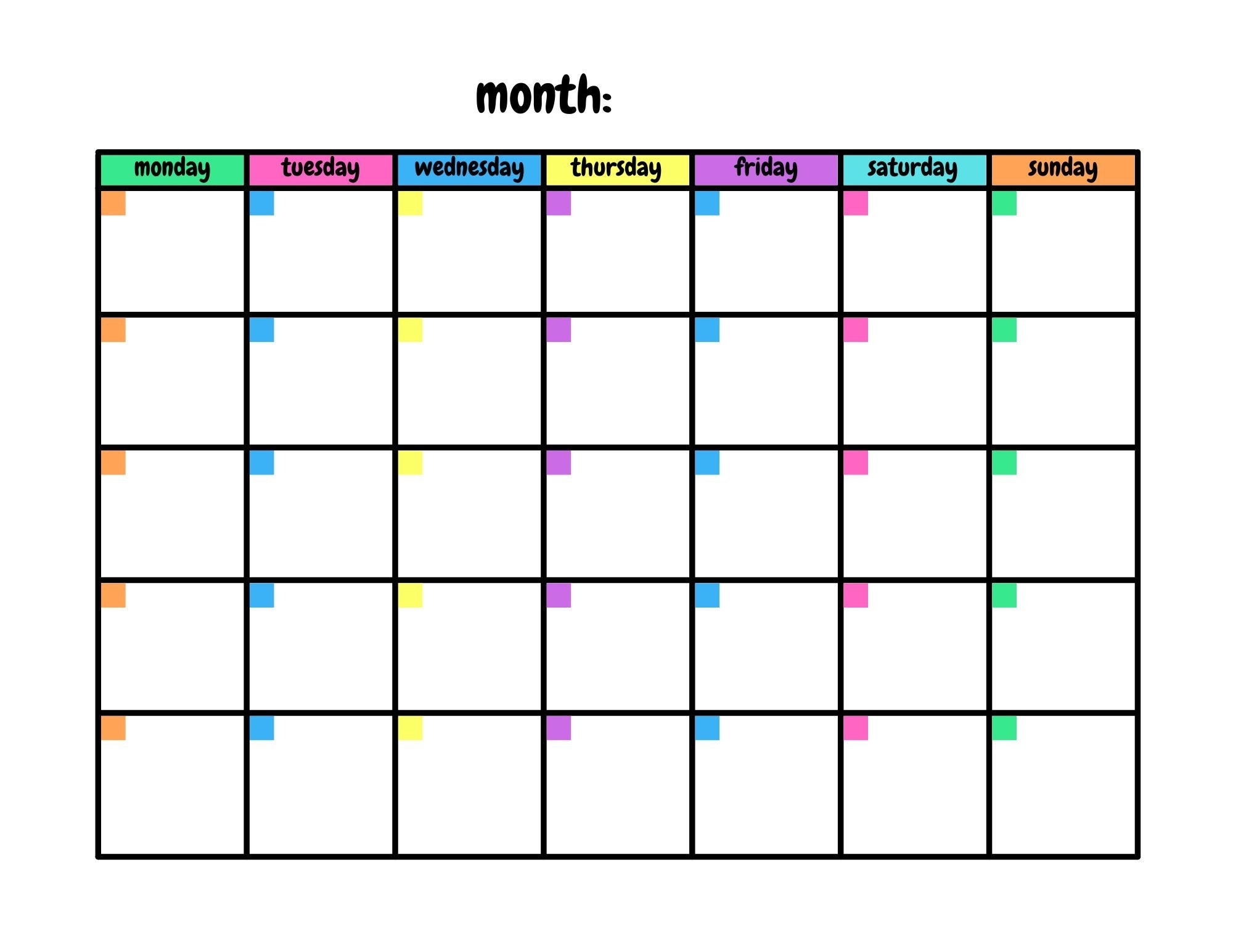 Colorful Printable Blank Calendar