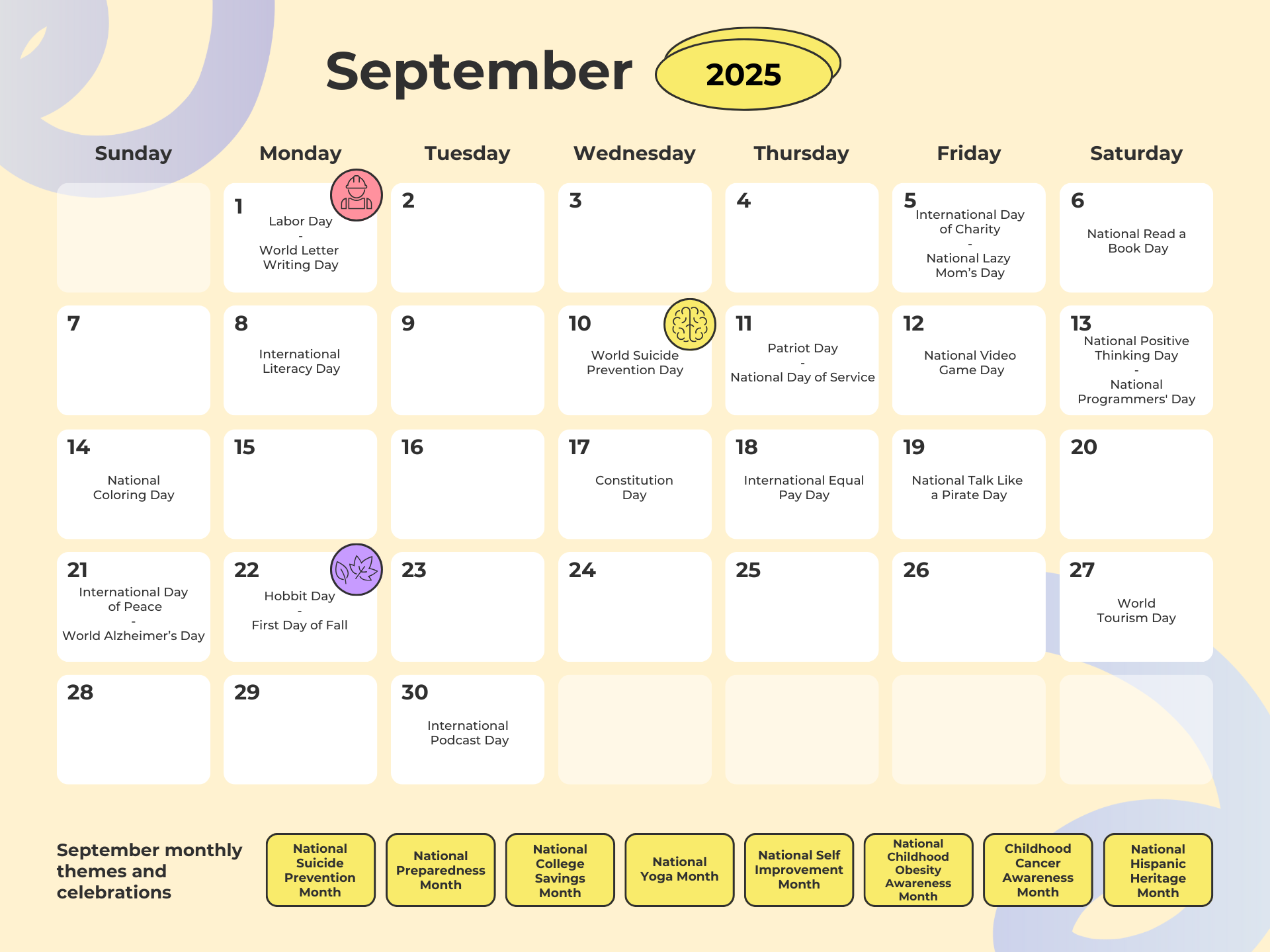 National Holiday Calendar September 2025
