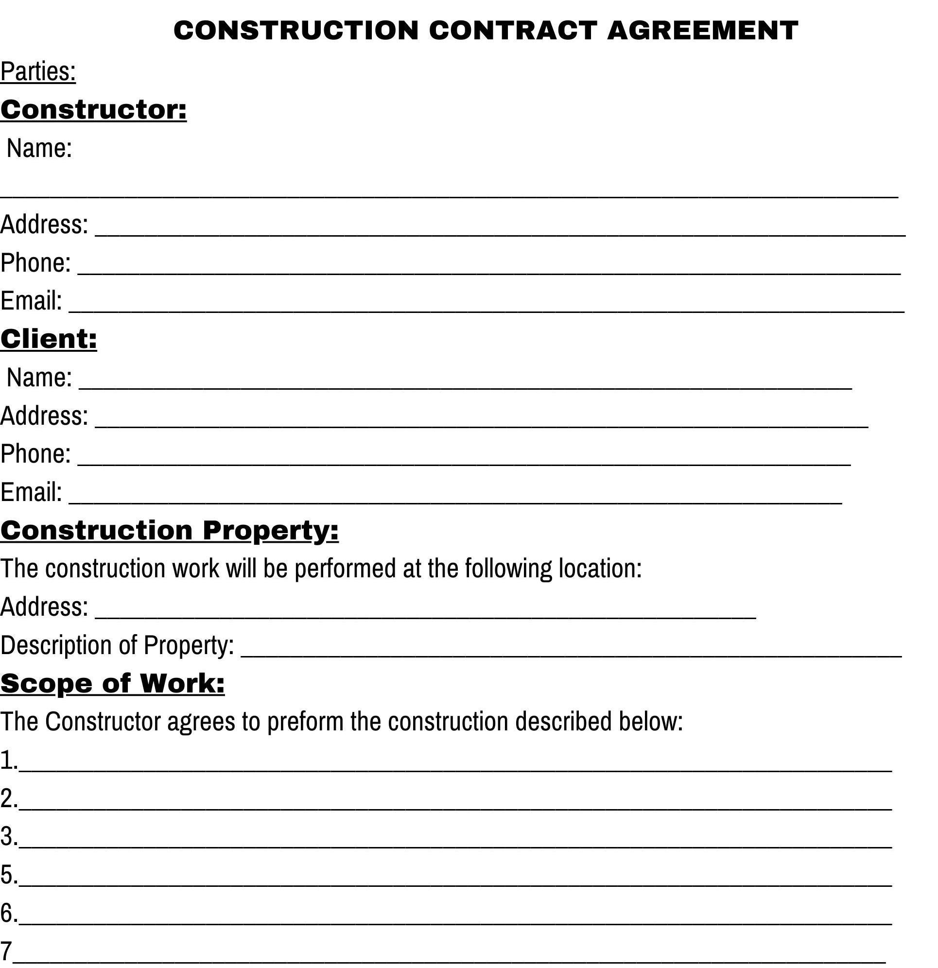 CONSTRUCTION CONTRACT AGREEMENT Construction Contract Agreement Template Editable U0026 Printable For Simple Easy Use Read Description Etsy