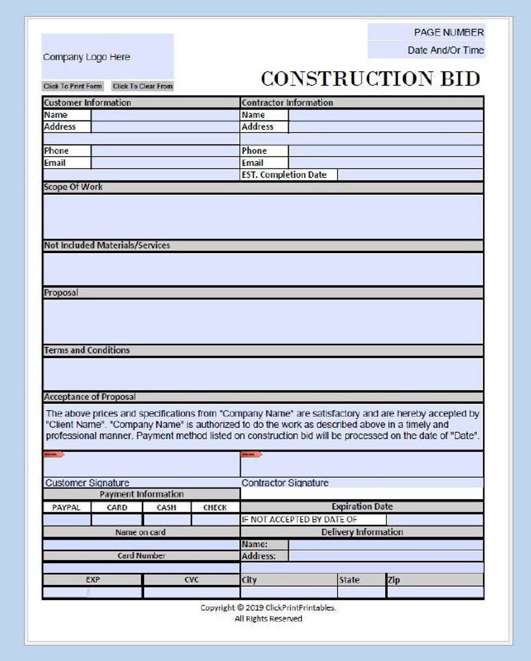 Construction Project Bid Proposal Form Template Simple Minimal Editable Downloadable Printable Small Business Fill In PDF black And White Etsy