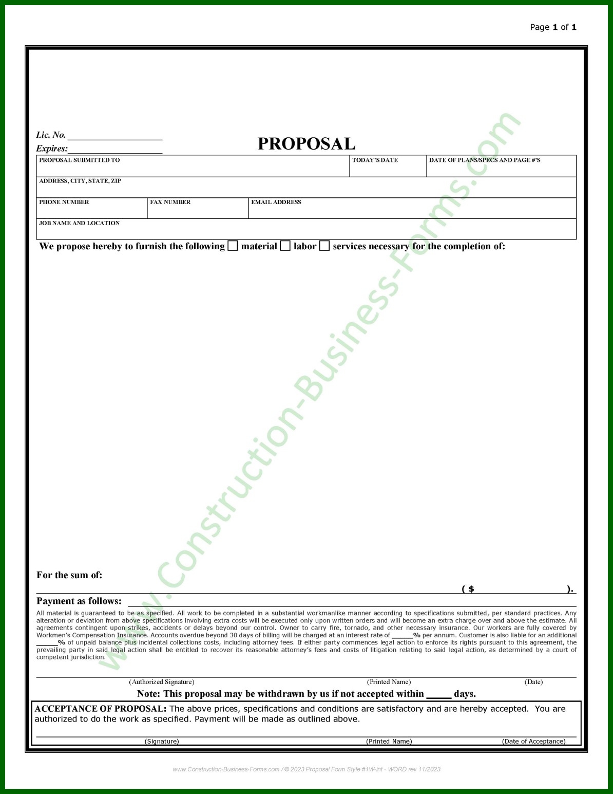 Free Printable Construction Bid Template