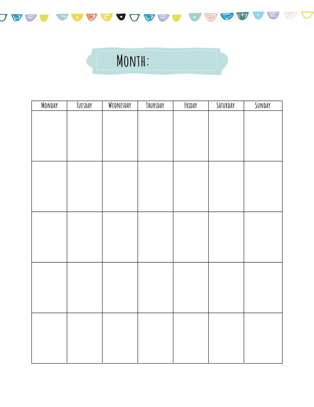 Colorful Printable Blank Calendar
