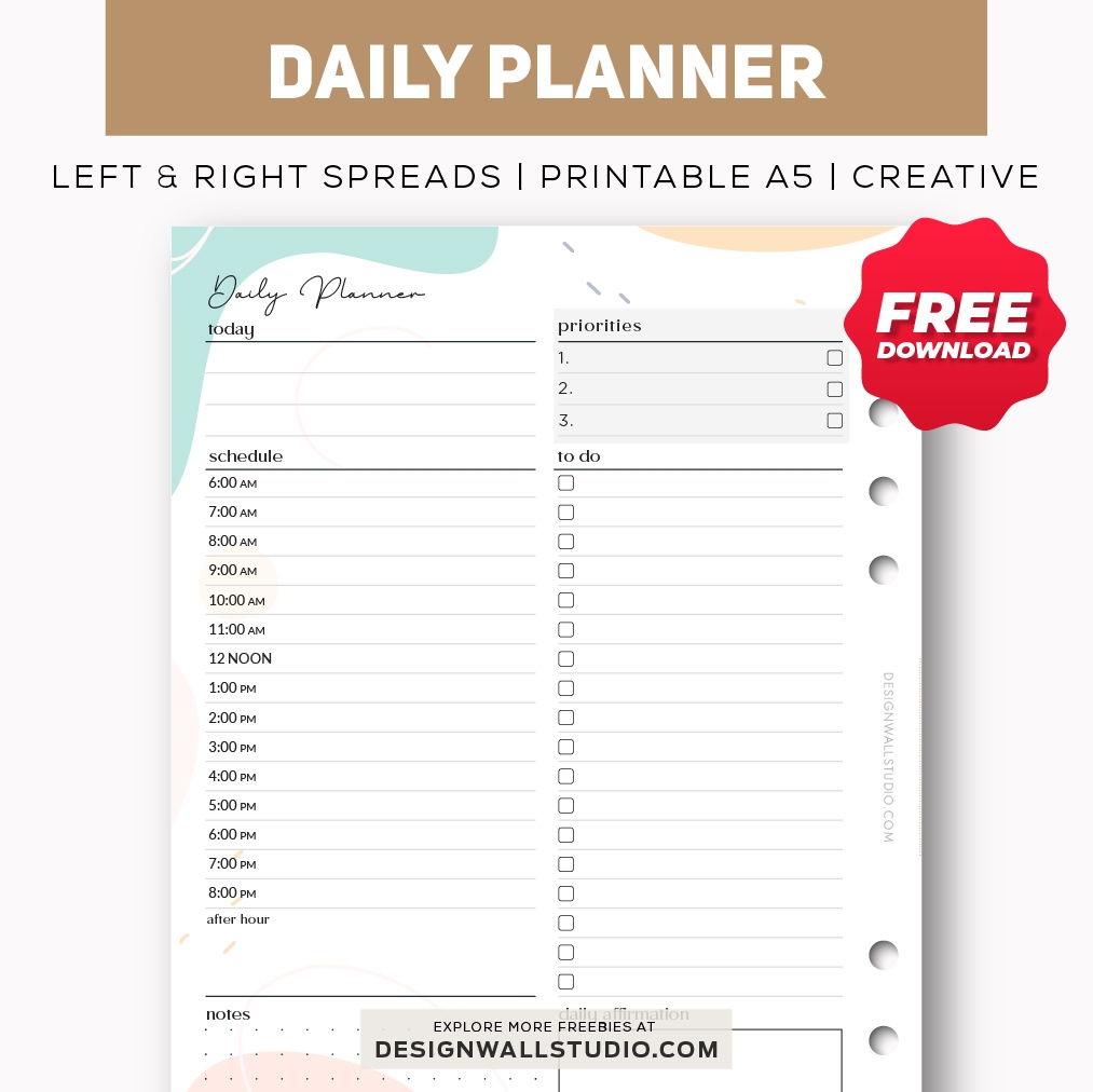 Daily Planner Printable Insert A5 Free PDF Download Two Page Layout 3 Versions Daily Planner Printable Insert A5 Free PDF Download Two Page Layout 3 Versions