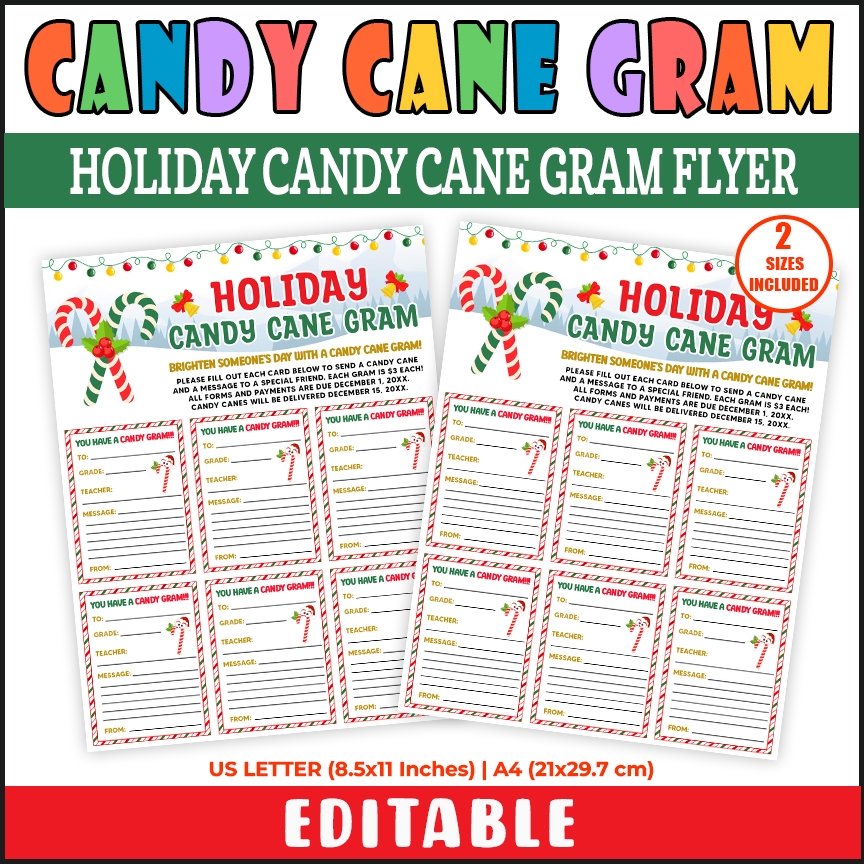 DIY Holiday Candy Cane Gram Flyer Template Xmas School PTO PTA DIY Holiday Candy Cane Gram Flyer Template Xmas School PTO PTA