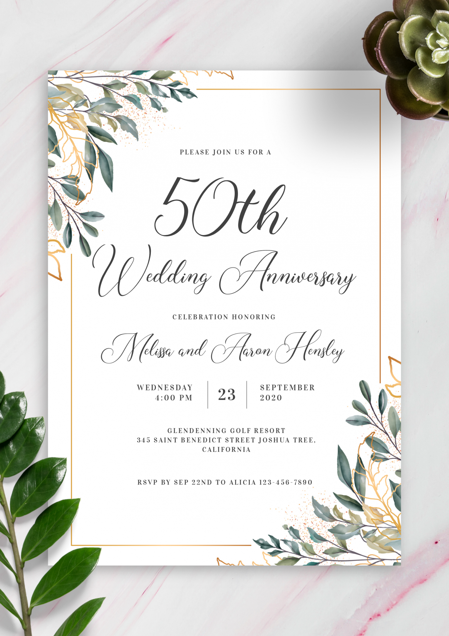 Download Printable Golden Leaves Anniversary Invitation PDF