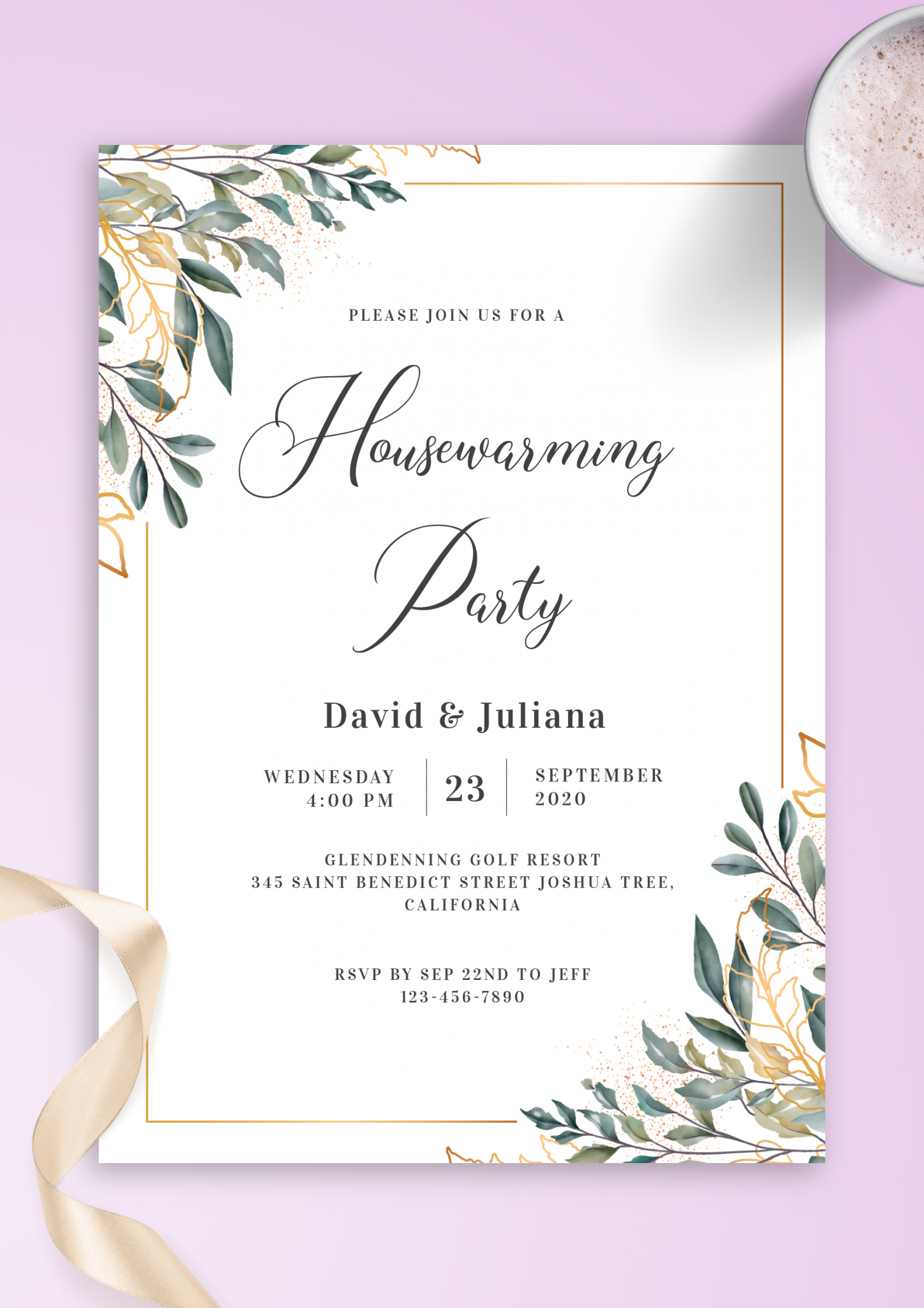 Download Printable Golden Leaves Housewarming Invitation PDF