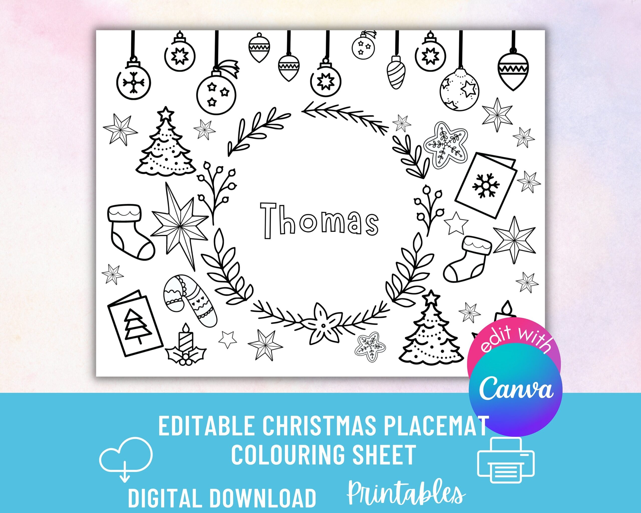 Editable Christmas Colouring Sheet Placemat Tablemat Digital Printable Canva Template PDF File DYI Xmas Dinner Table Deco For Kids Family Etsy