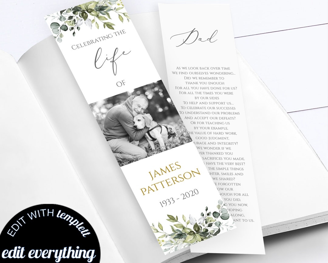 Editable Funeral Bookmark Template Printable Funeral Bookmark Printable Memorial Bookmark Greenery Bookmark Eucalyptus Memorial FT02 Etsy