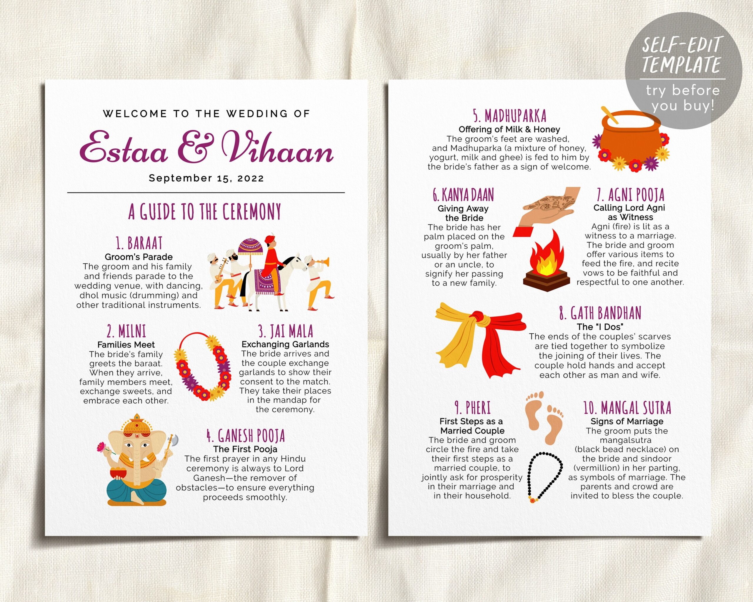 Editable Hindu Ceremony Program Template Hindu Wedding Program 