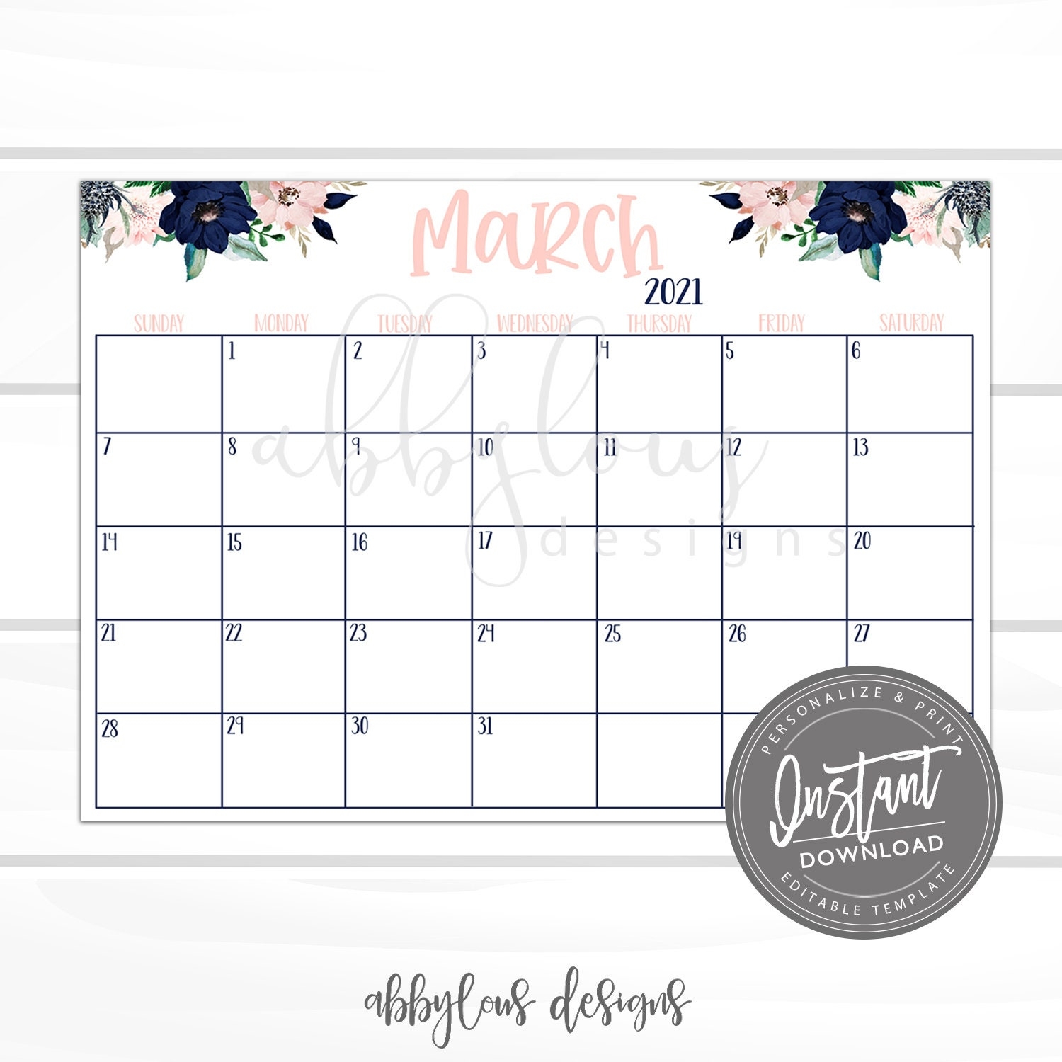 EDITABLE March Calendar Printable Desk Calendar Editable Daily 