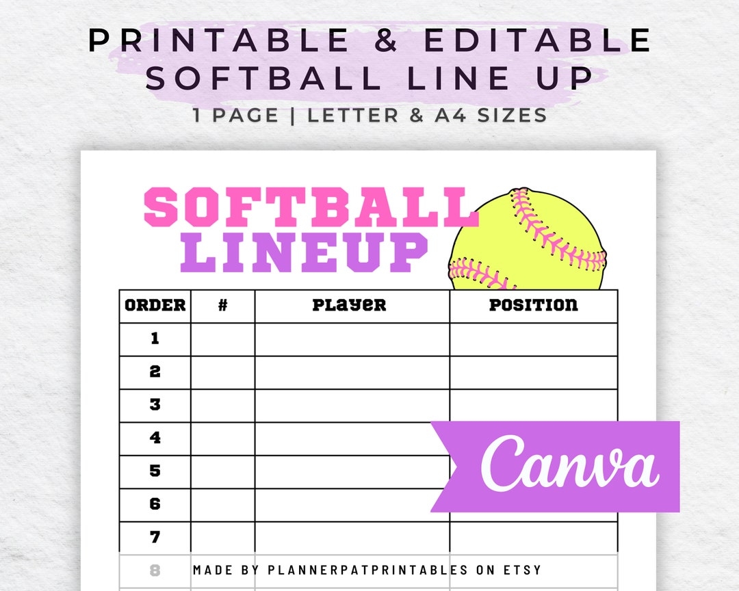 Editable Softball Line Up Roster And Batting Order DIY Canva Template Etsy