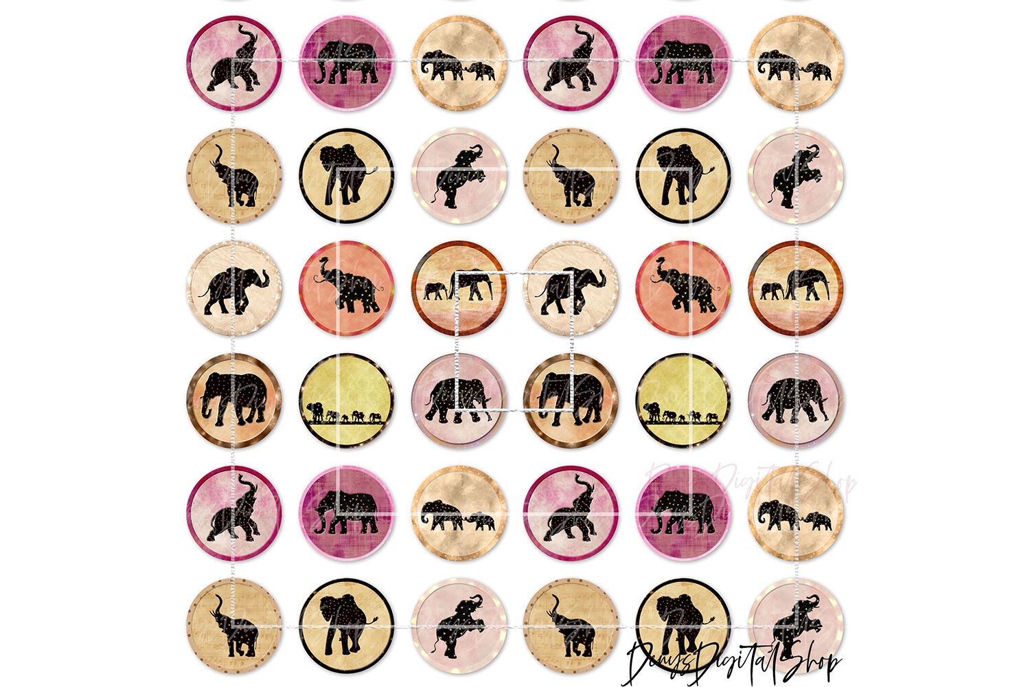 Elephants Digital Printable Sheet Cabochon Images By