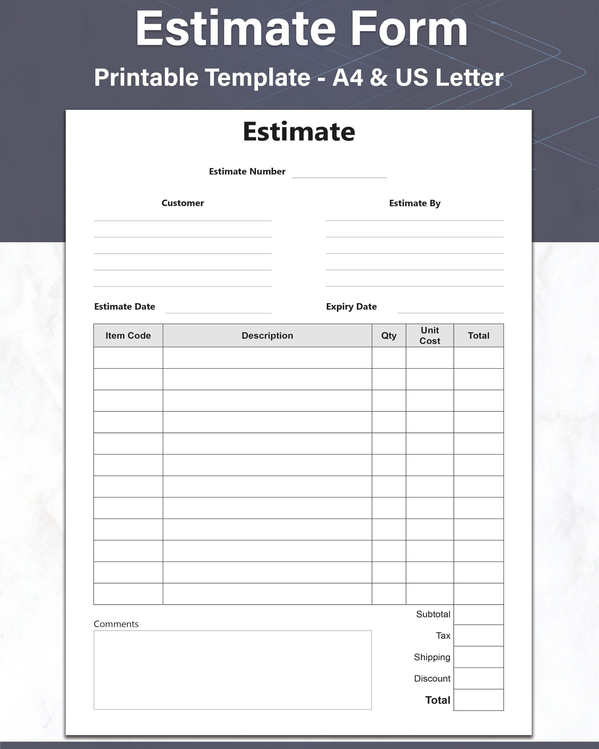 Free Fillable Printable Estimate Template