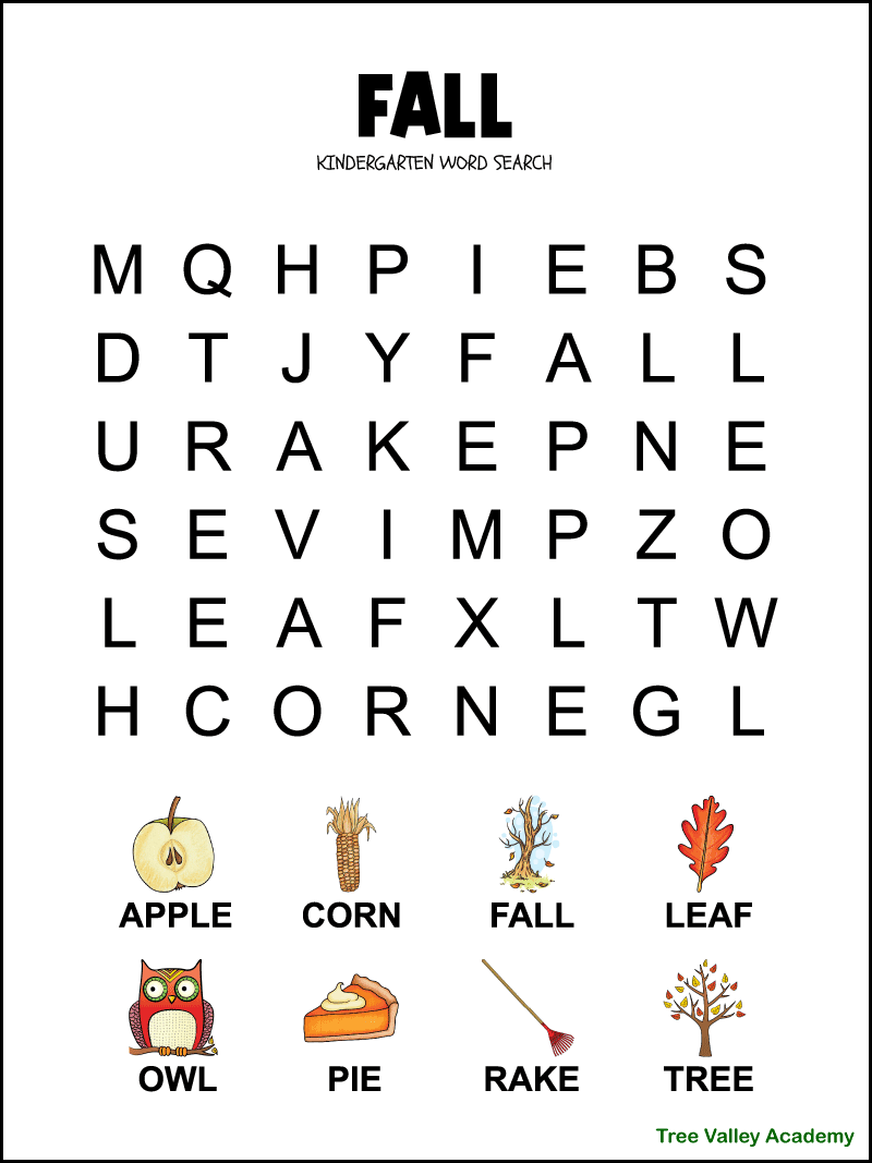 Free Printable Kindergarten Word Search