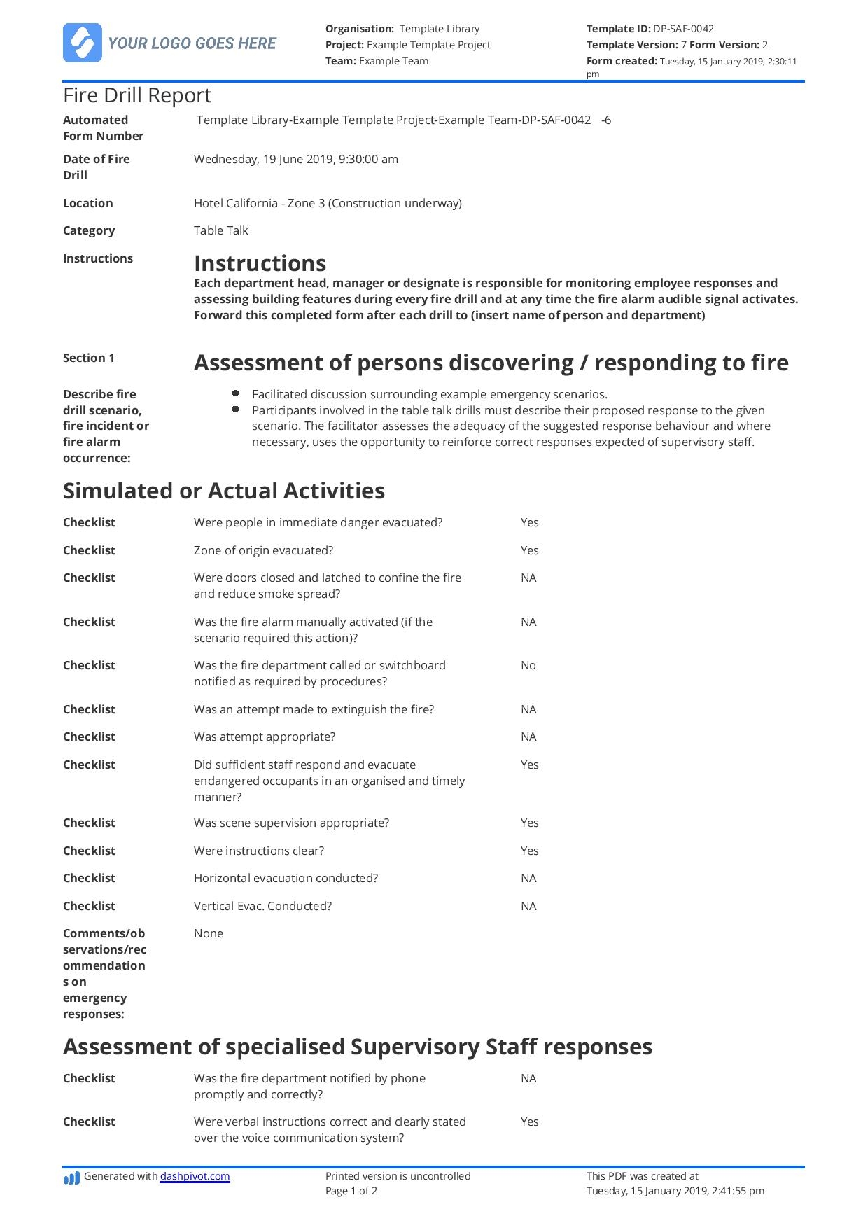 Fire Drill Report Template U0026 Sample Smarter Than Word