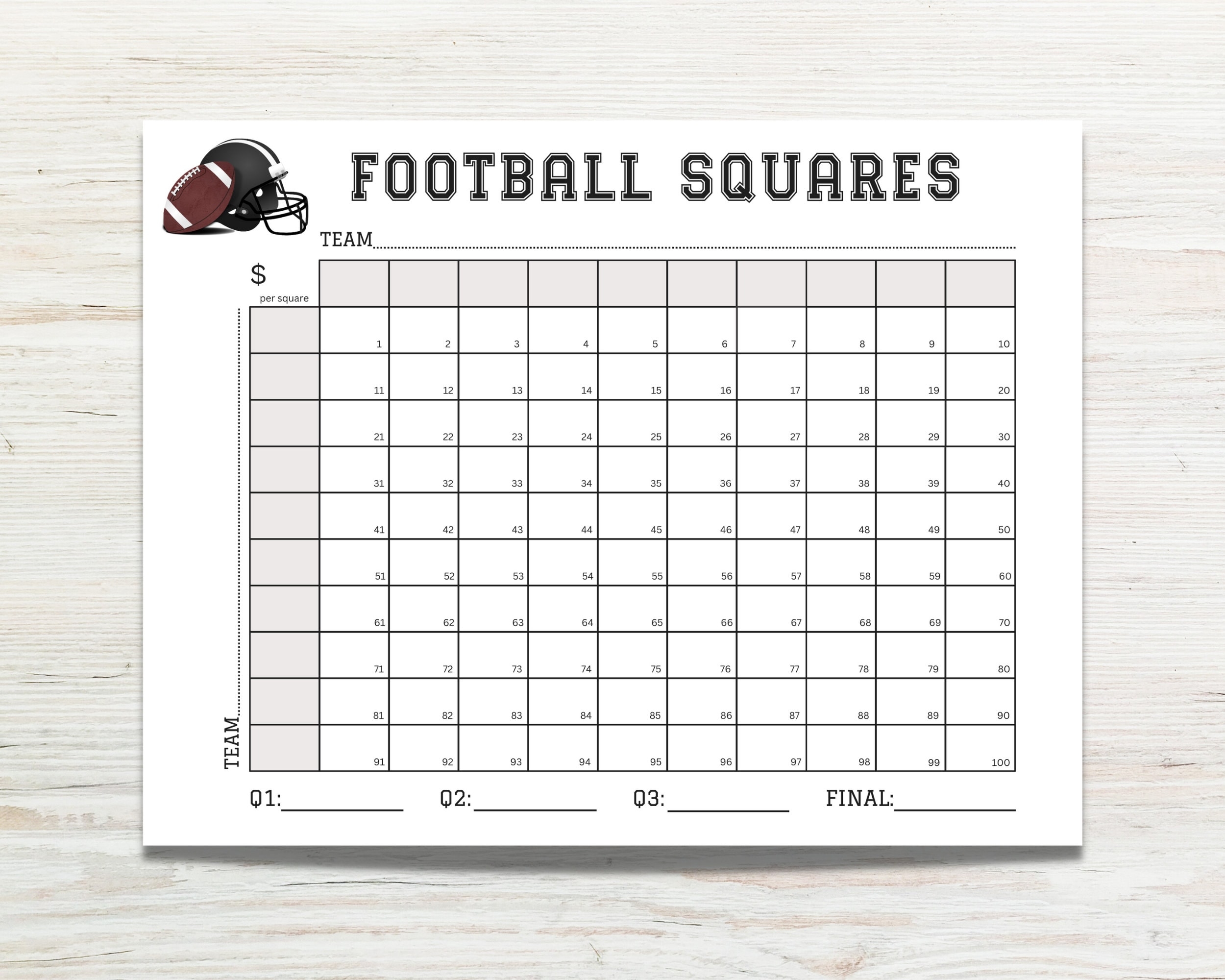 Template Free Printable Football Squares 100