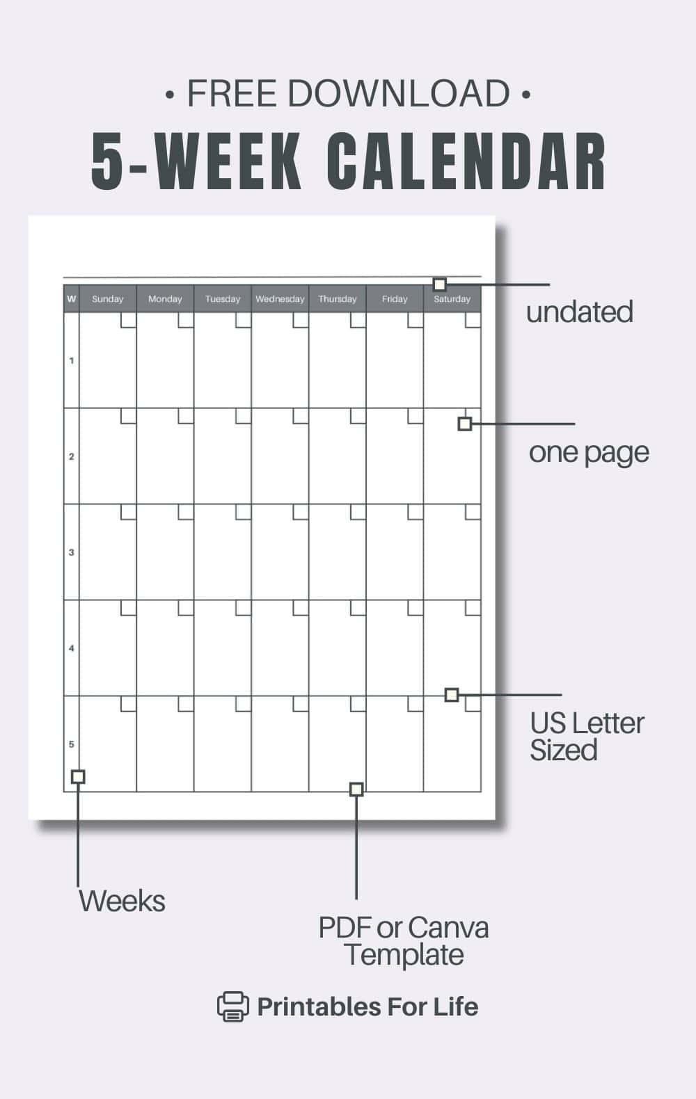 Printable Blank Calendar Landscape Five Weeks