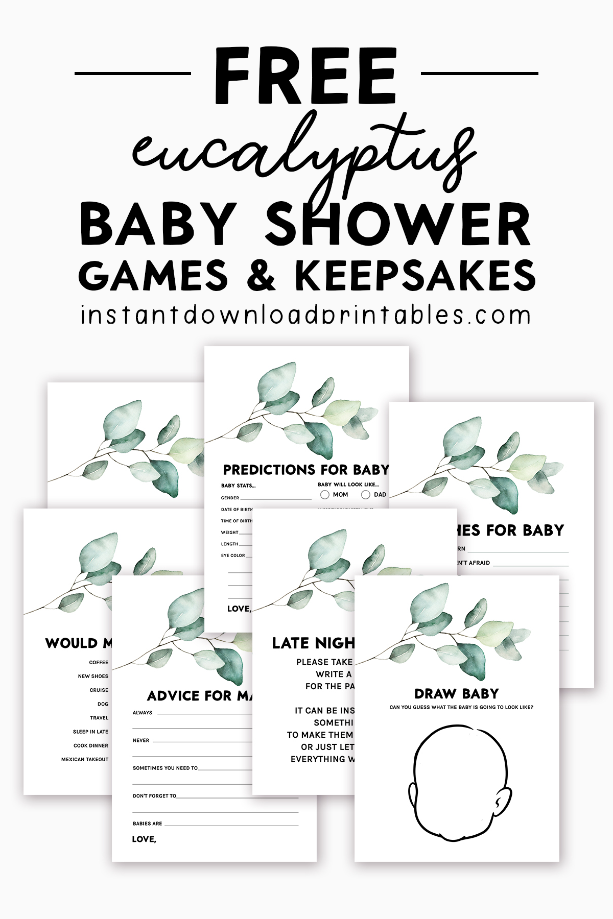 Free Baby Shower Games And Keepsakes Printables Green Leaf Eucalyptus Instant Download Printables Free Baby Shower Games And Keepsakes Printables Green Leaf Eucalyptus Instant Download Printables