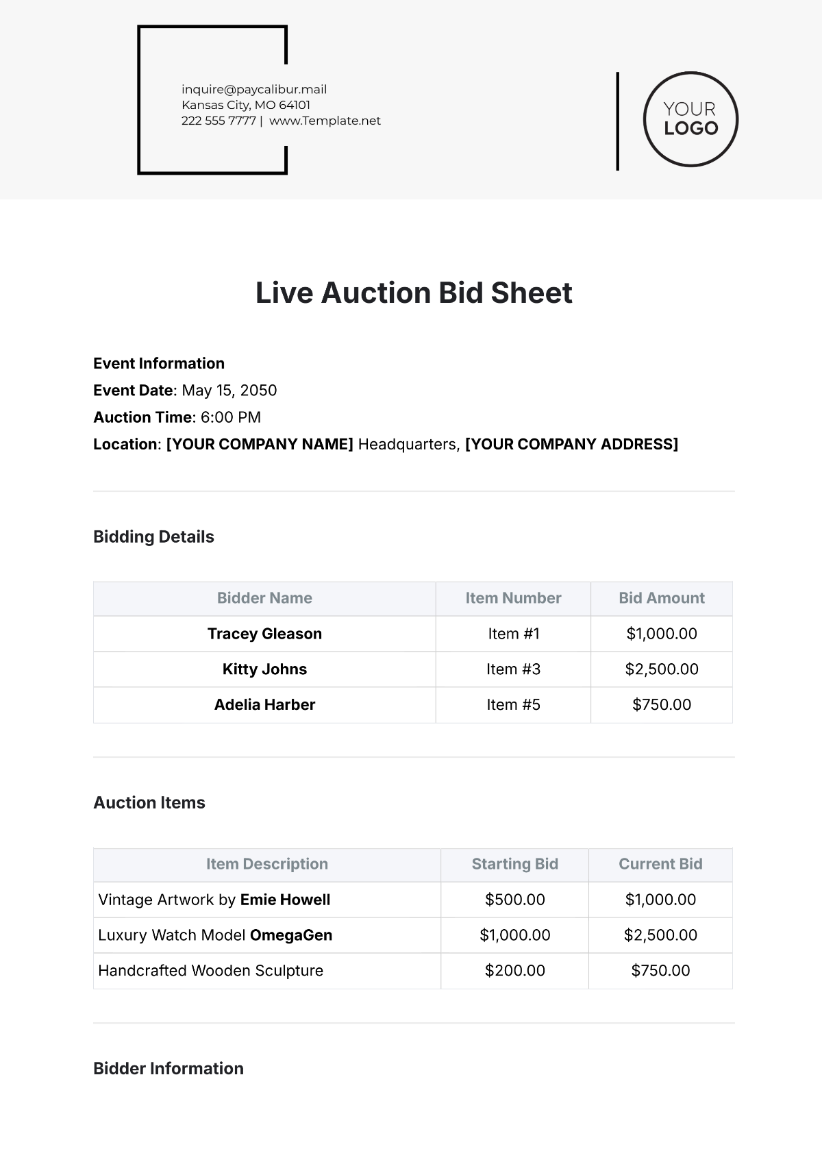 Blank Free Printable Bid Sheets