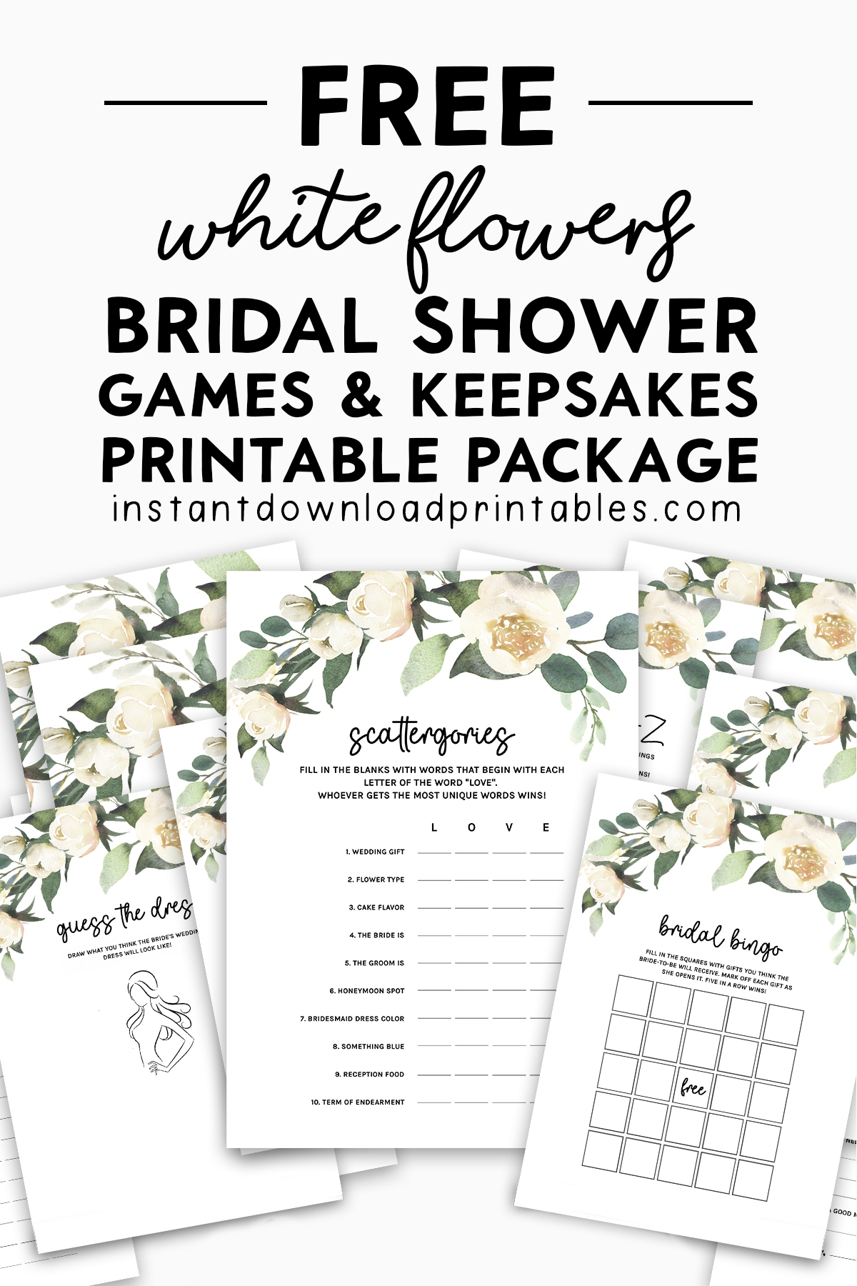 Free Bridal Shower Games And Keepsakes Printable Package White Free Bridal Shower Games And Keepsakes Printable Package White