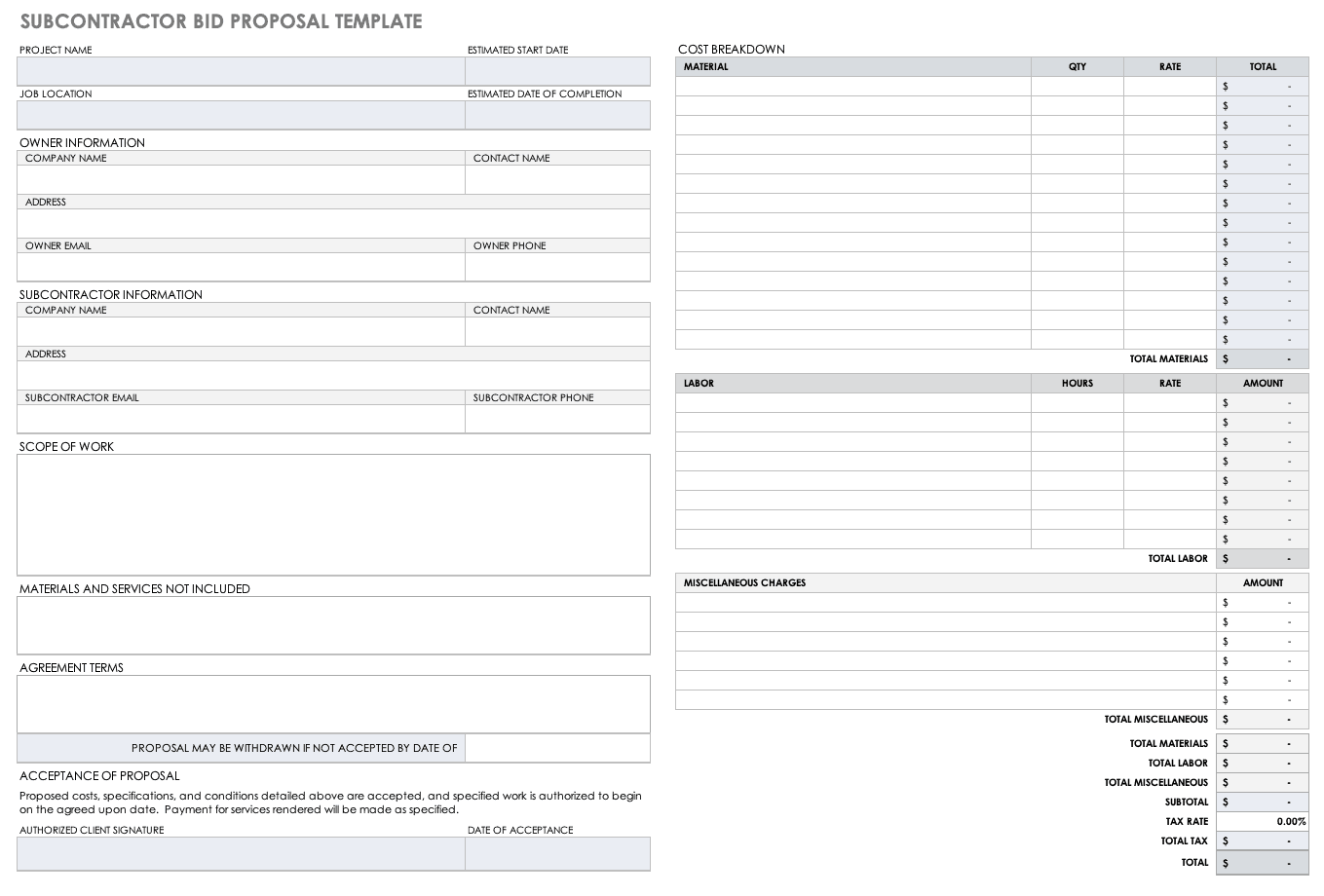 Free Printable Construction Bid Template