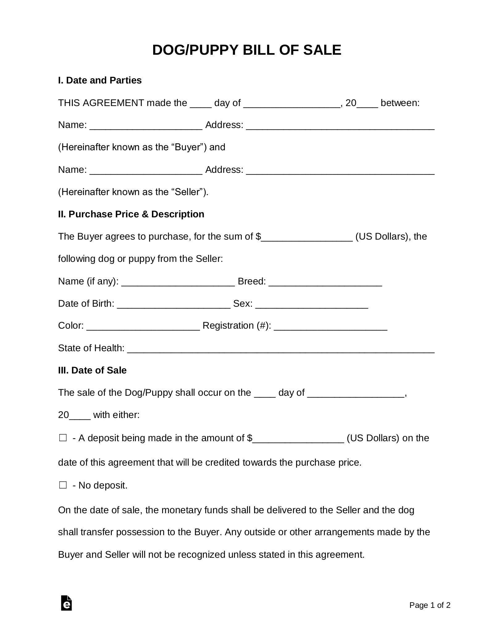 Free Dog Puppy Bill Of Sale Form PDF Word EForms