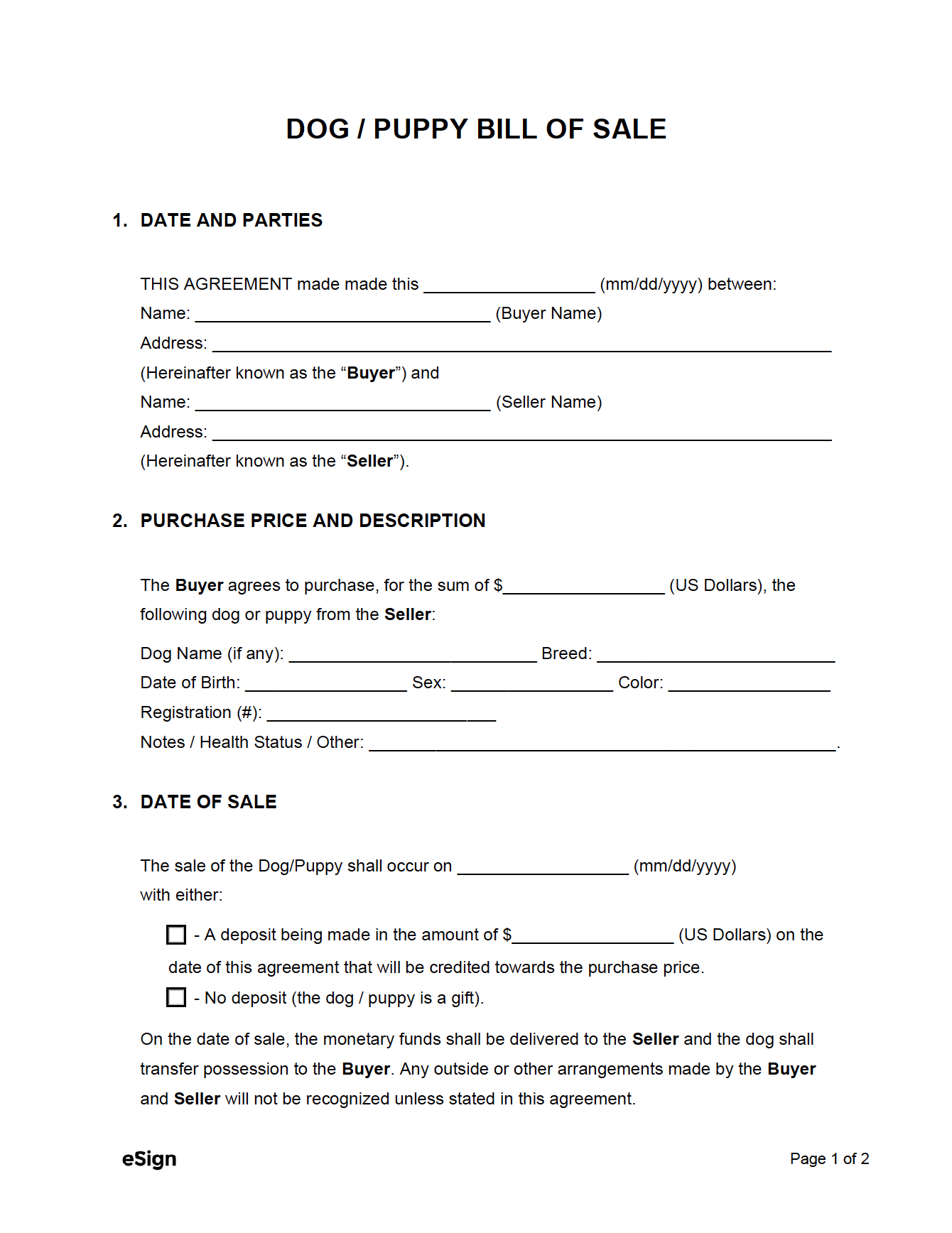 Free Dog Puppy Bill Of Sale Form PDF Word Free Dog Puppy Bill Of Sale Form PDF Word
