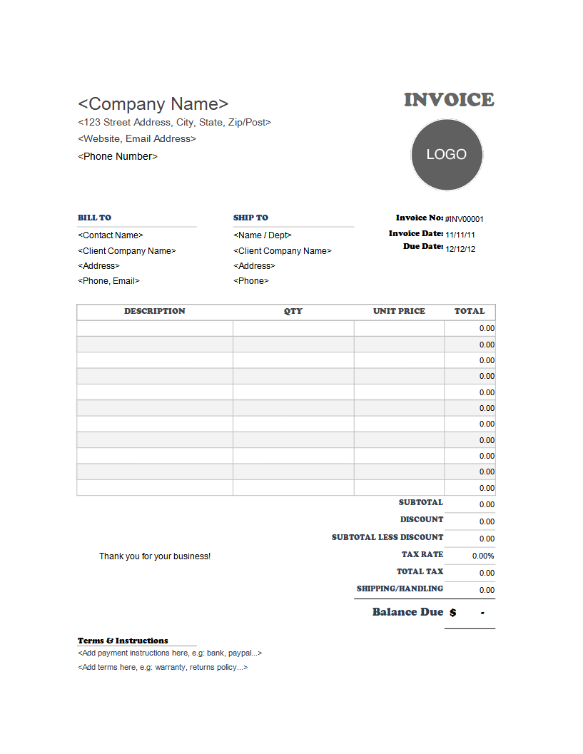 Printable Free Invoice Template Excel