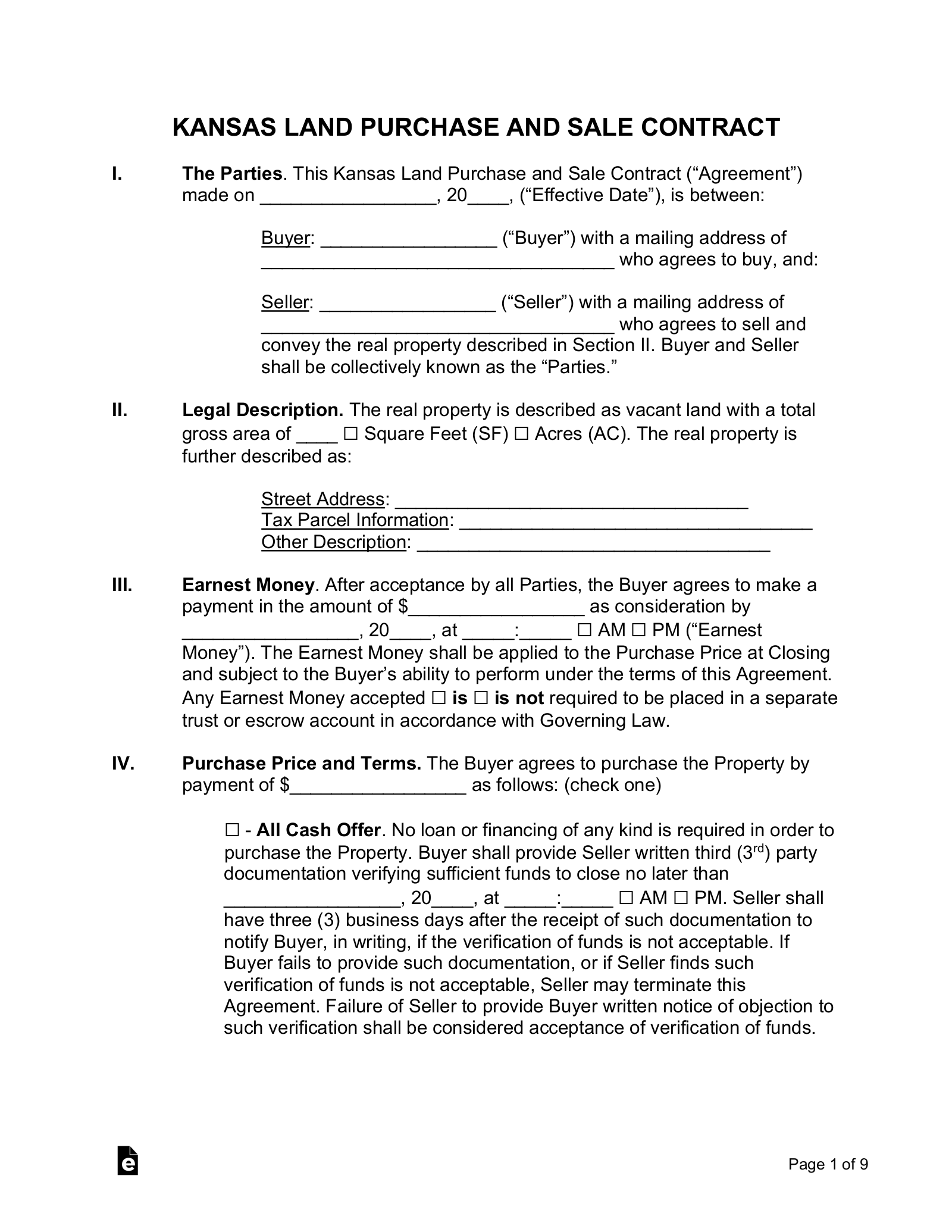 Free Kansas Land Contract Template PDF Word EForms