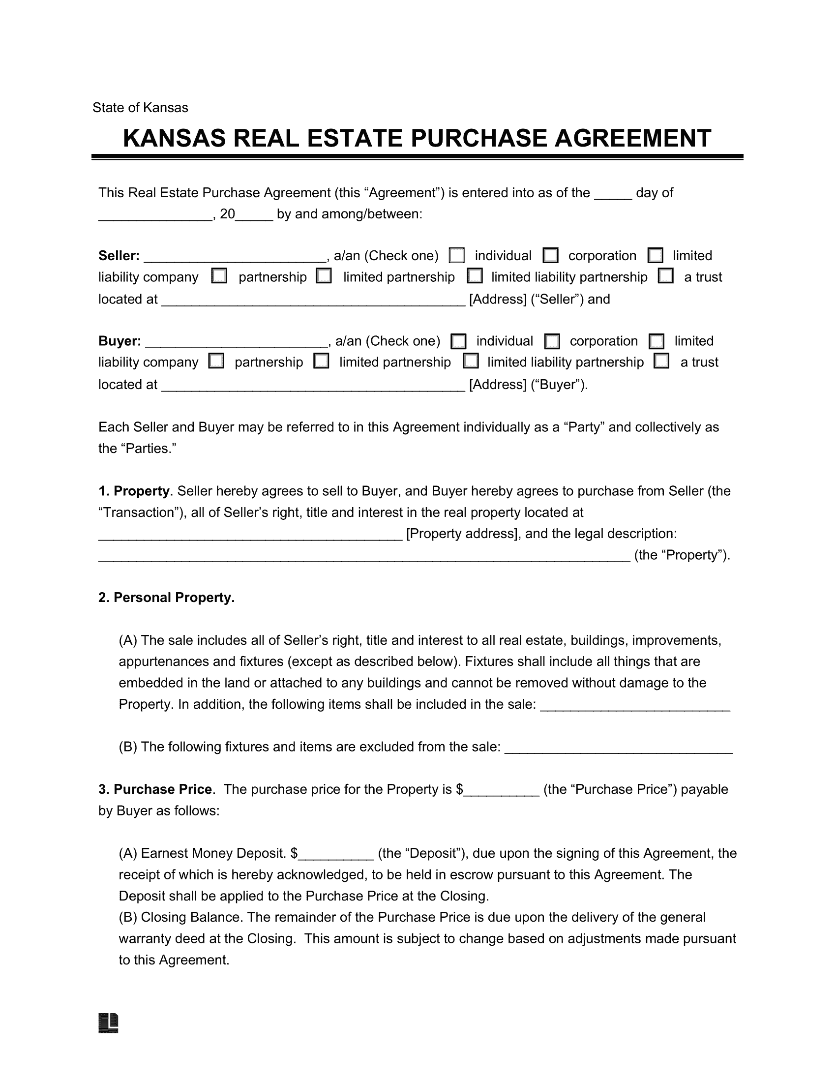 Free Kansas Residential Purchase Agreement PDF U0026 Word